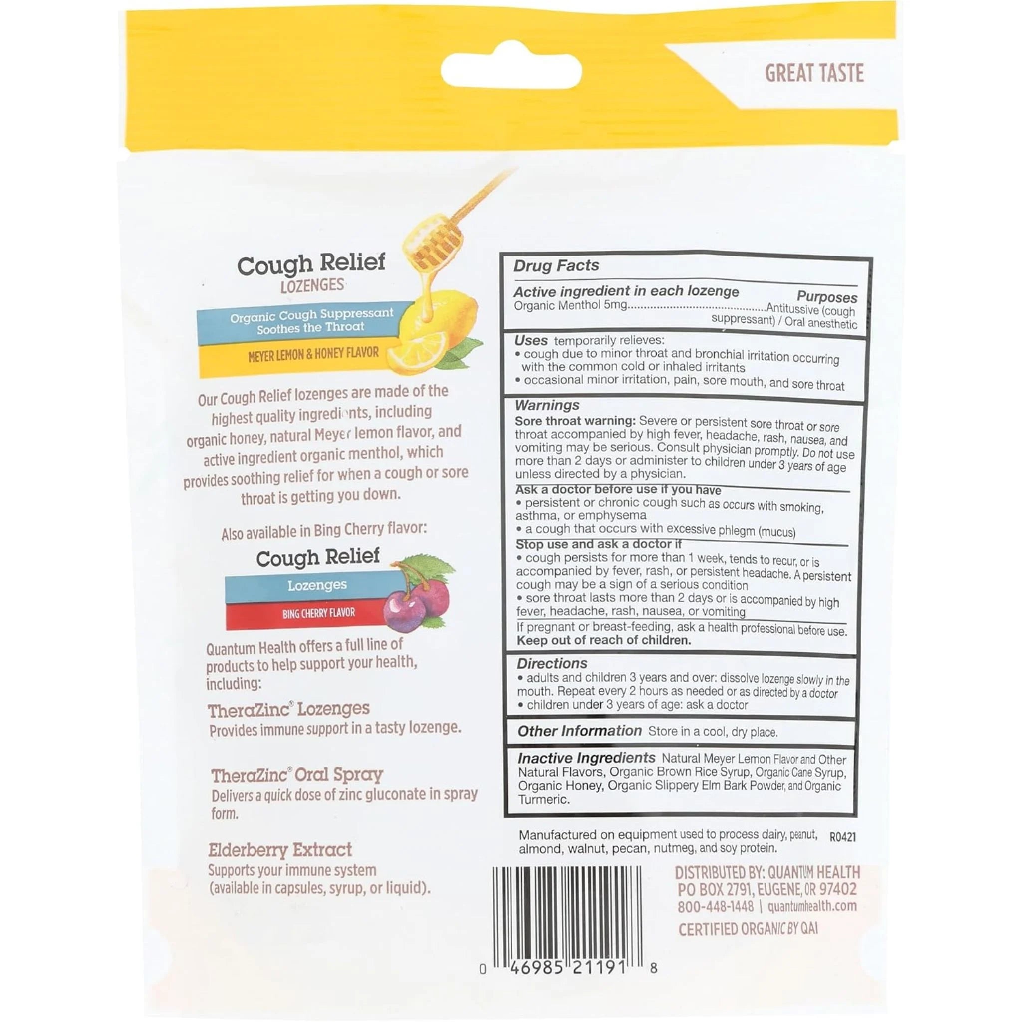 Quantum Organic Cough Relief Meyer Lemon 18 Lozenges
