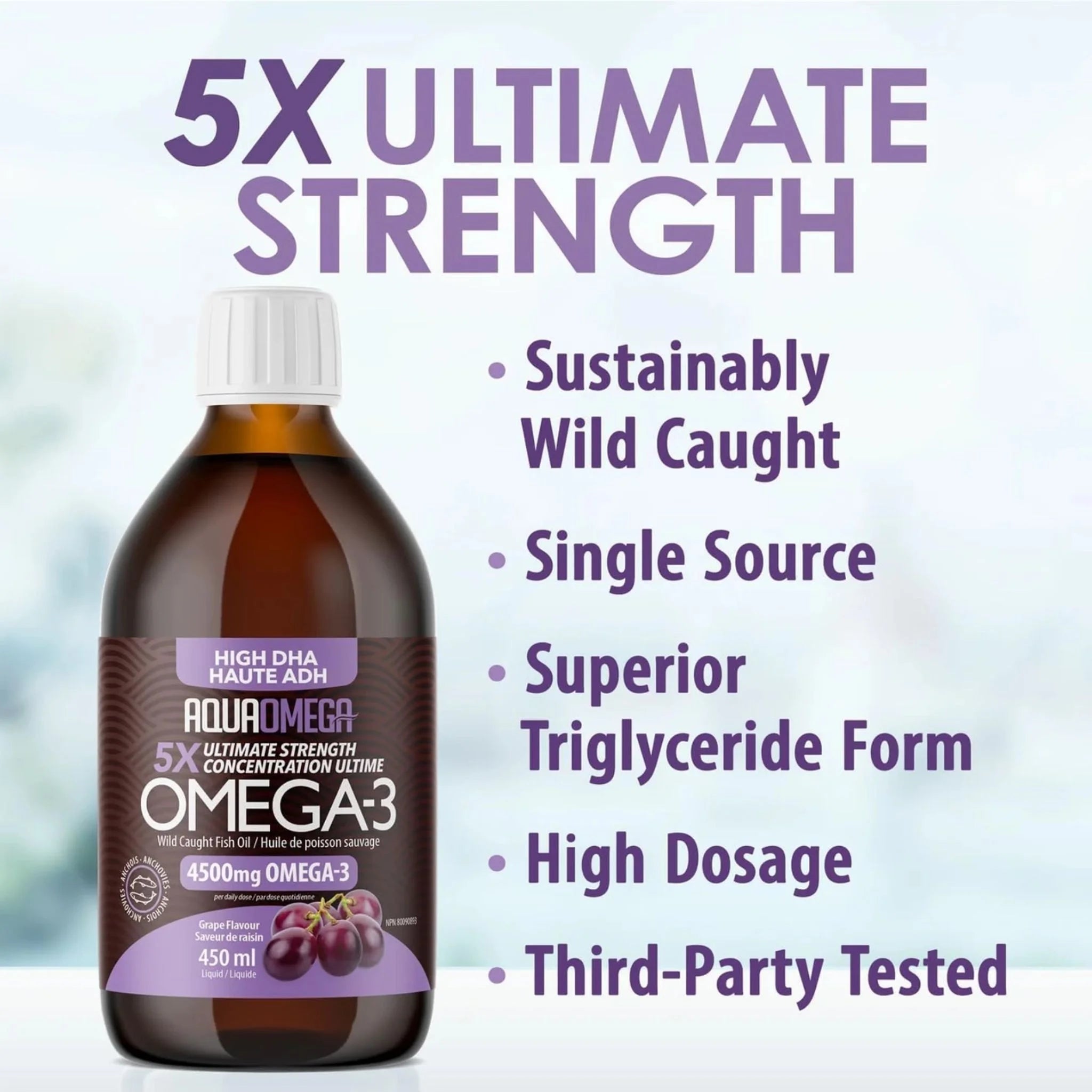 AquaOmega Omega - 3 5X Ultimate Strength DHA 4500mg Grape 450ml - Nature's Source Inc