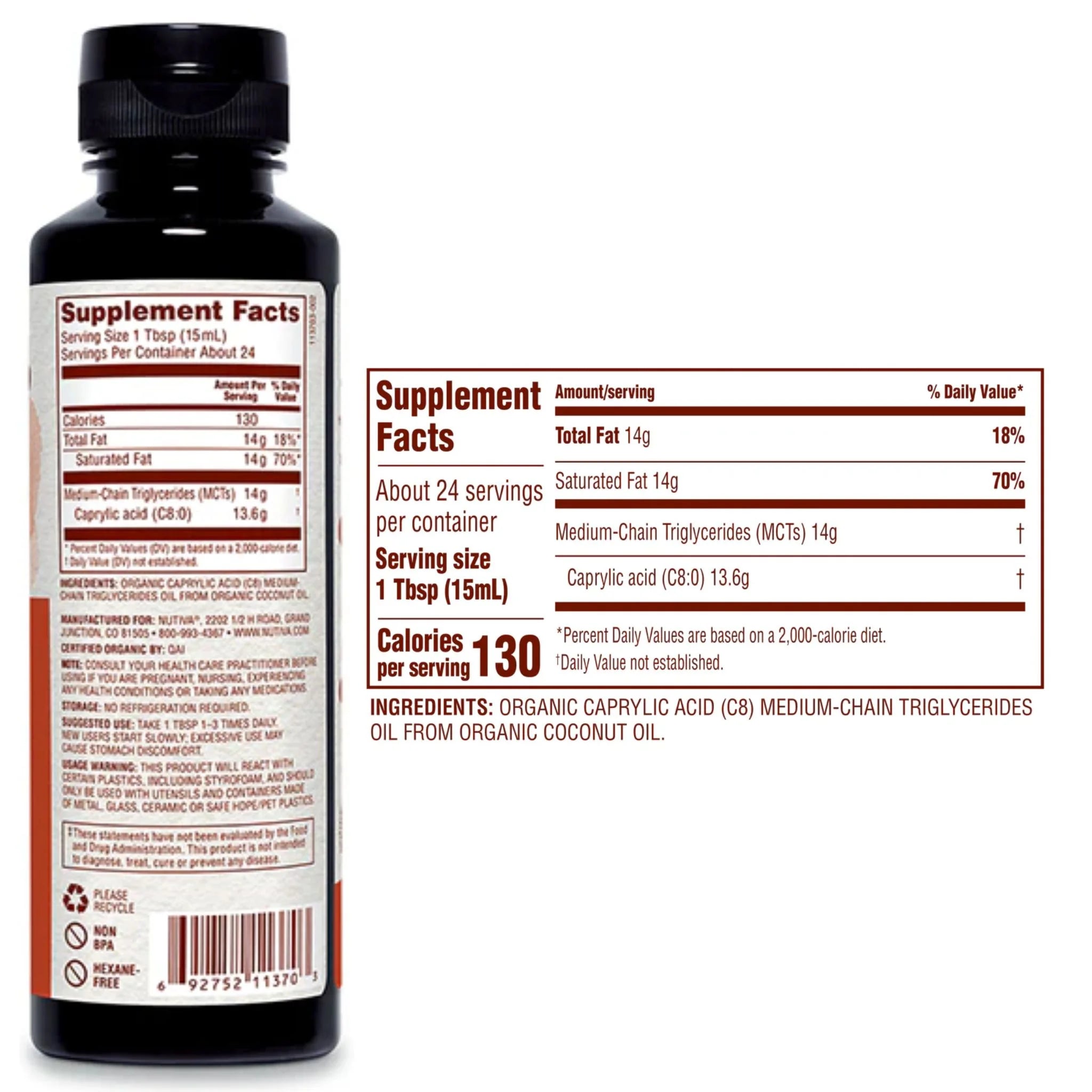 Nutiva Organic C8 MCT Oil, Pure Keto Brain Fuel, 355ml