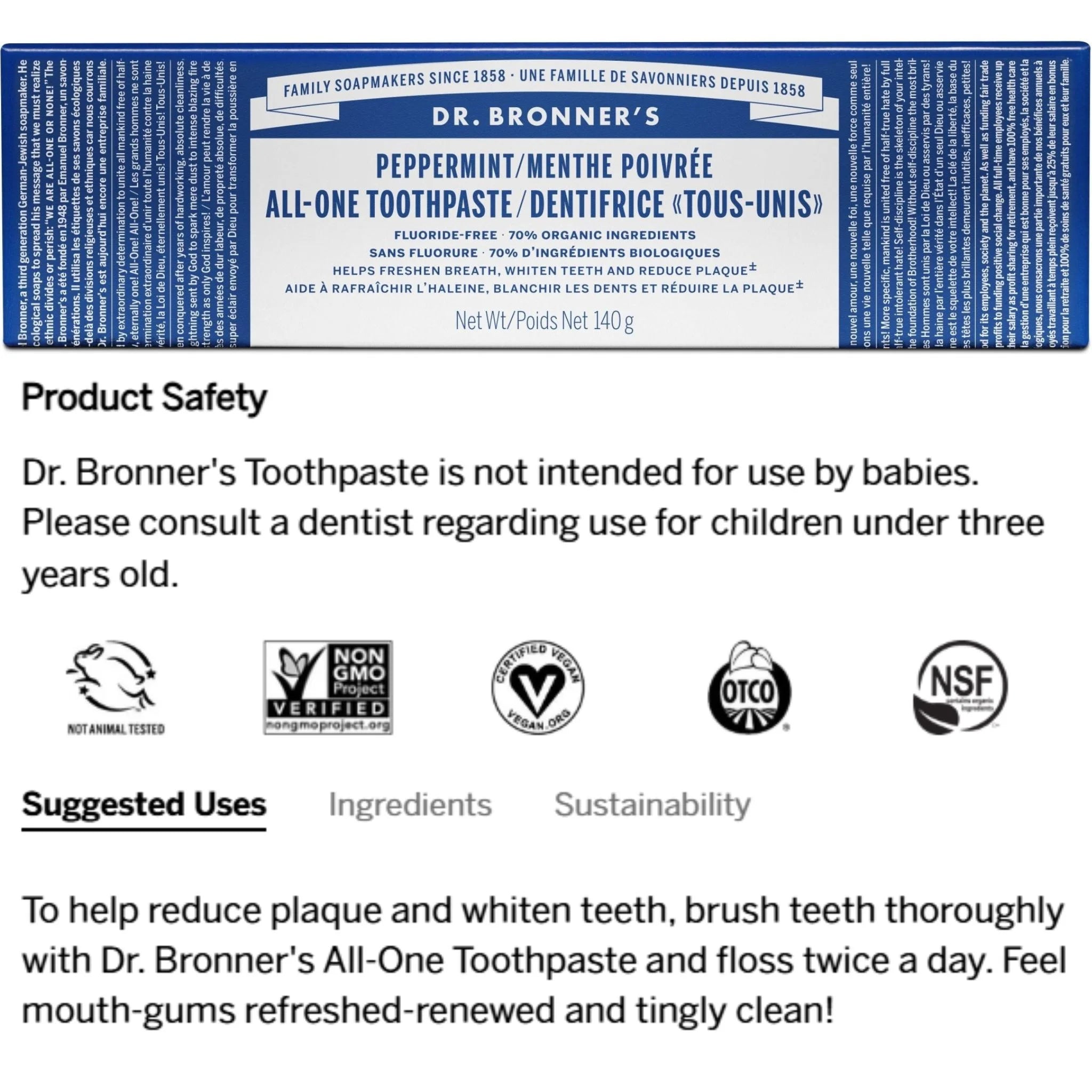 Dr. Bronner's Toothpaste Peppermint 140g