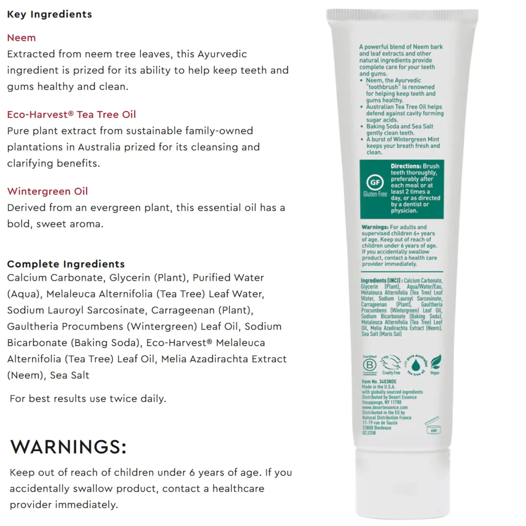 Desert Essence Tea Tree Oil Toothpaste with Neem Wintergreen Flavour 176g
