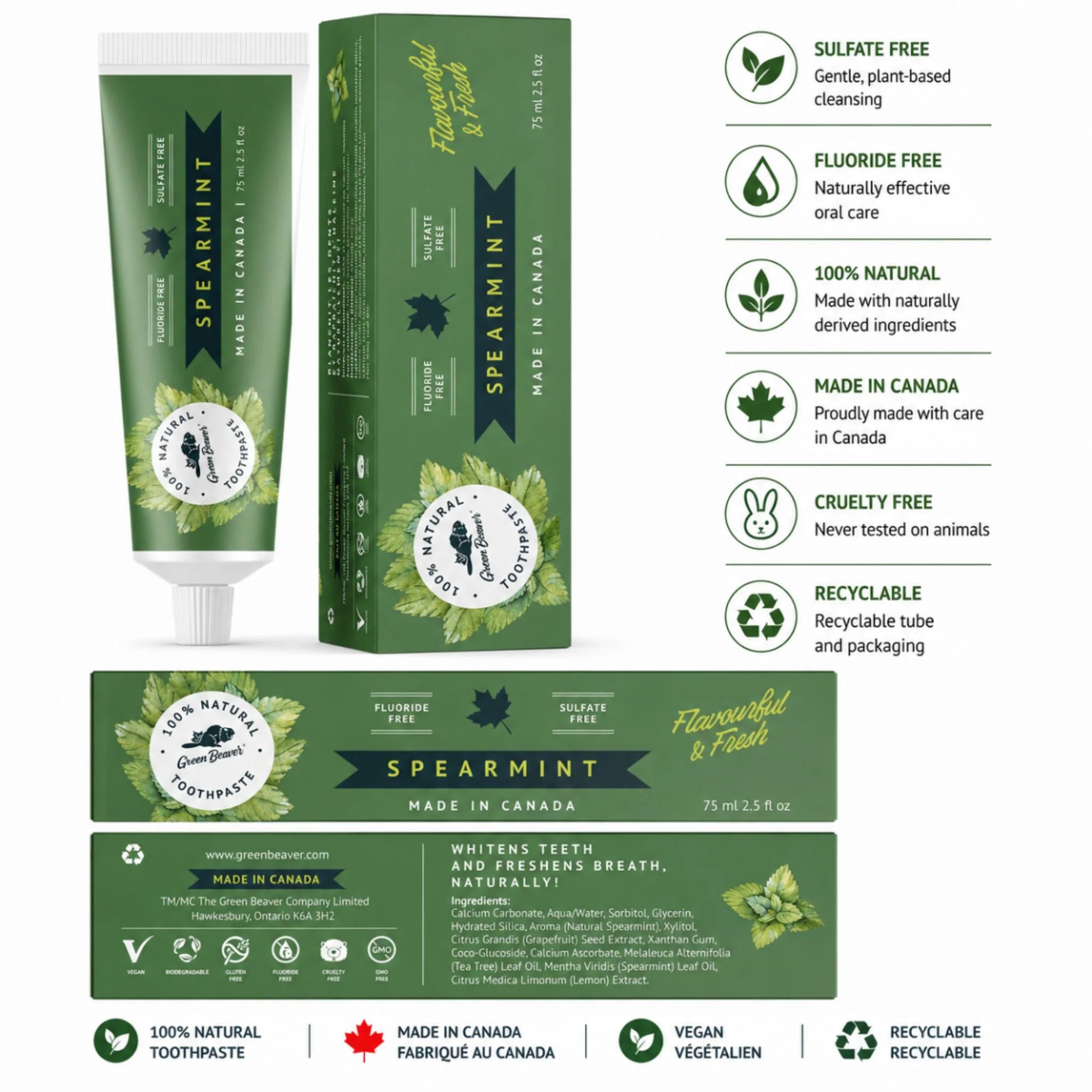 The Green Beaver Company Spearmint Toothpaste 75 ml