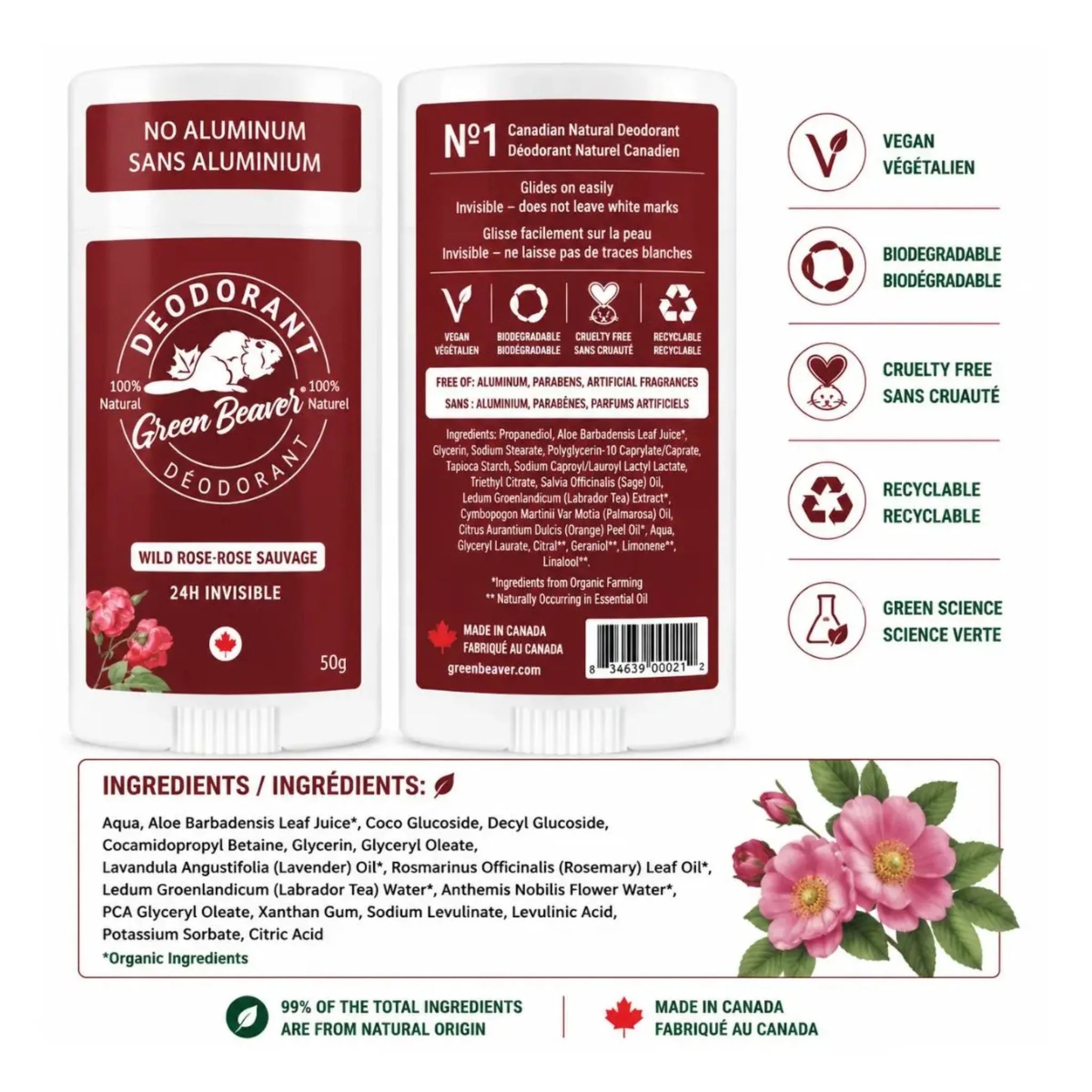 The Green Beaver Company Wild Rose Deodorant Stick 50g