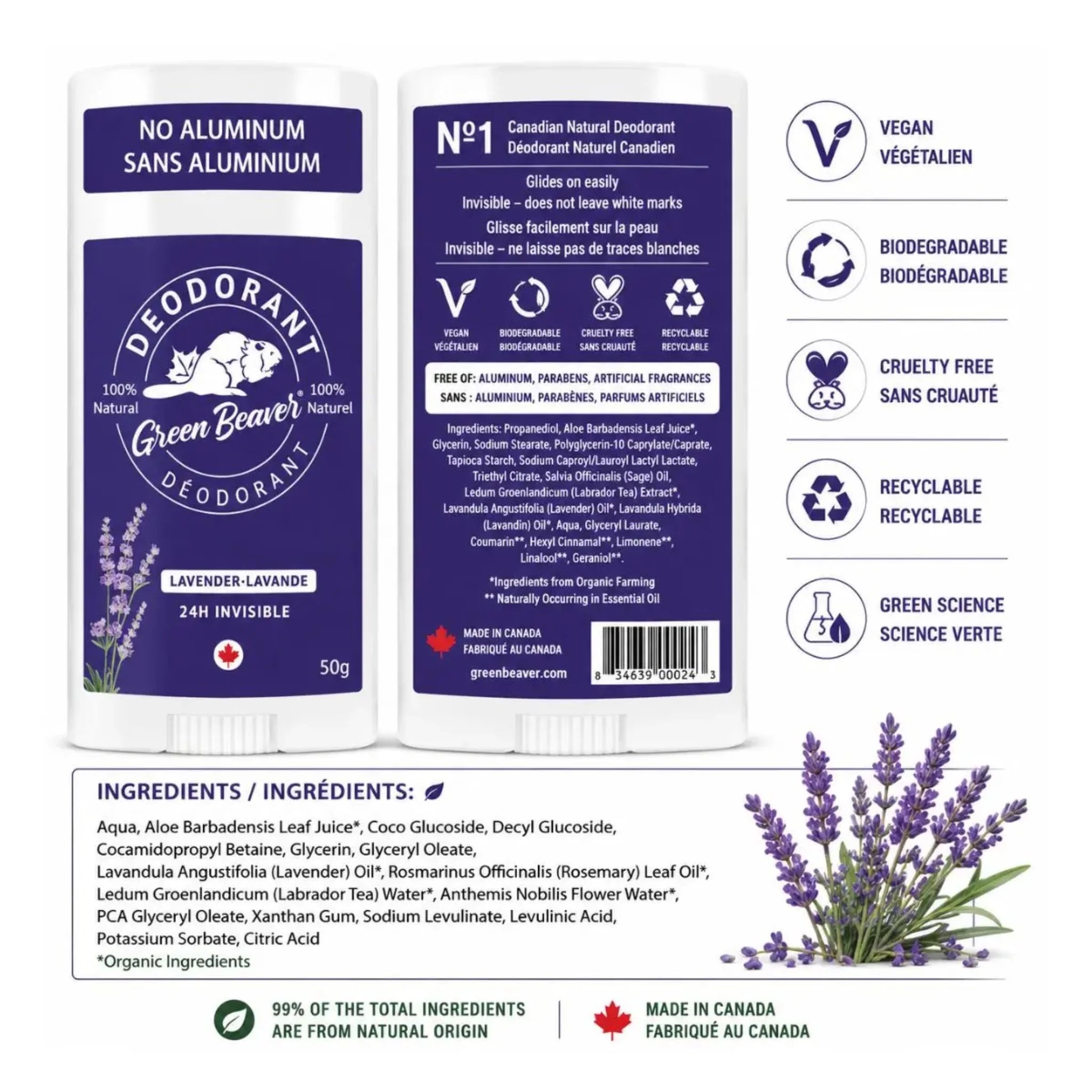 The Green Beaver Company Lavender Natural Deodorant Stick - 50g