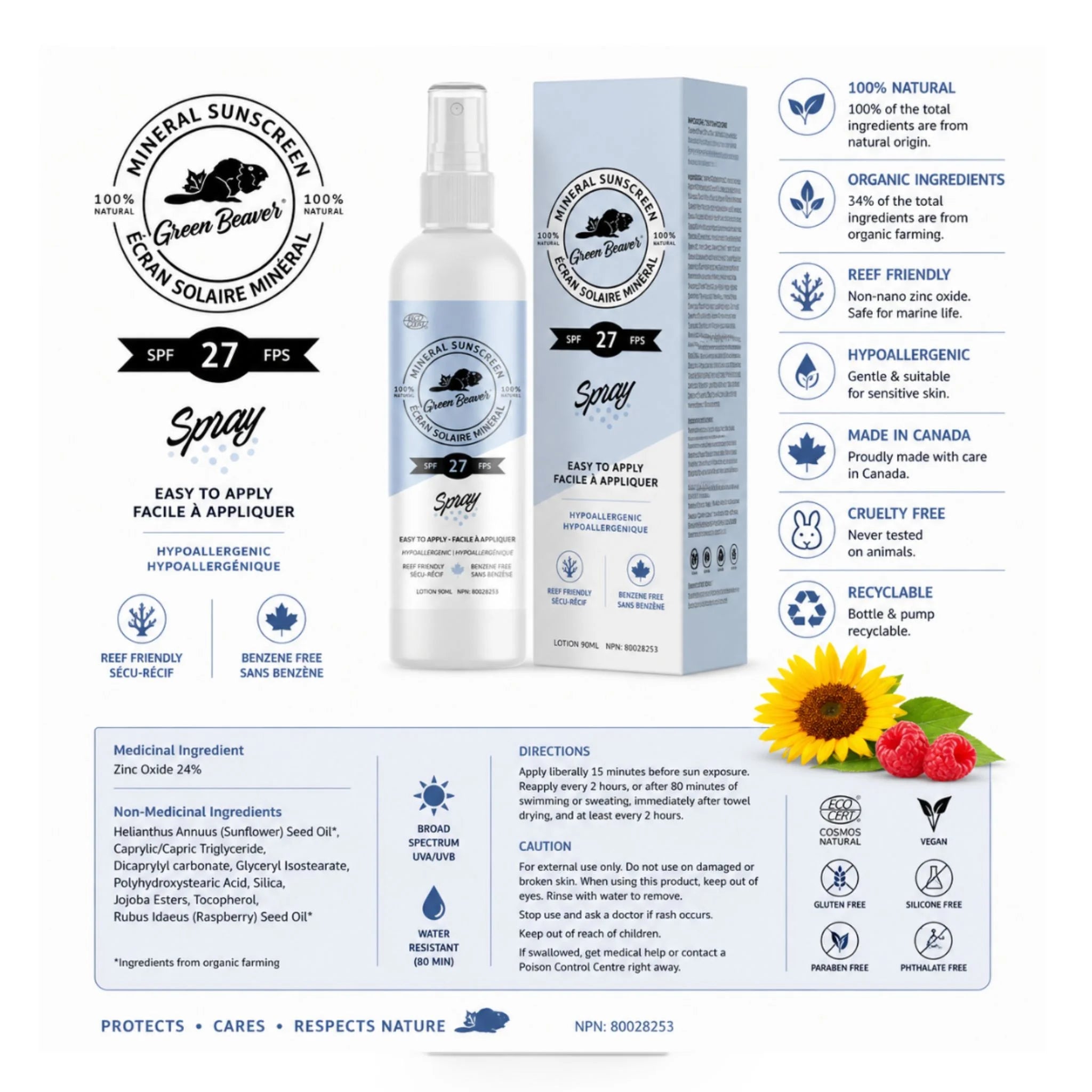The Green Beaver Company Certified Organic Spf 27 Spray 90 ml
