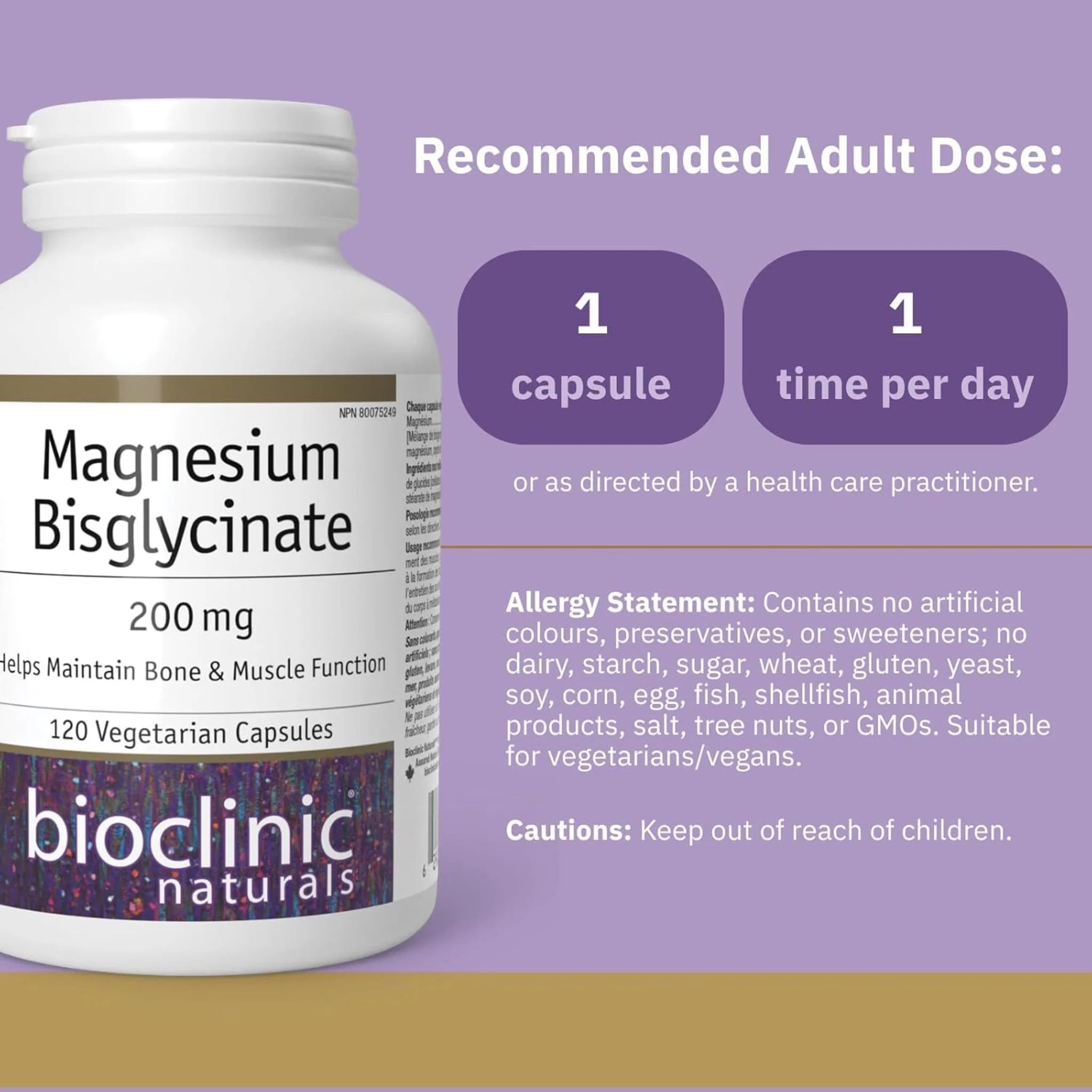 Bioclinic Naturals Magnesium Bisglycinate 200mg 120 Vegetarian Capsules - Nature's Source Inc