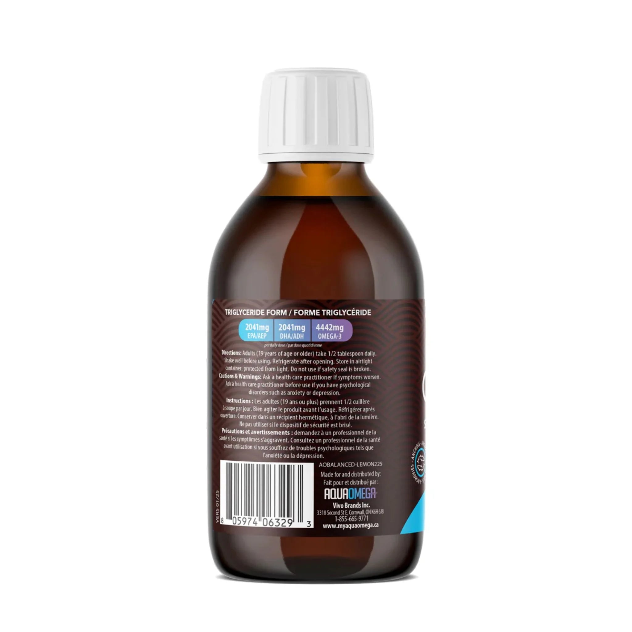 AquaOmega Balanced Omega-3 Lemon 225ml - Nature's Source Inc