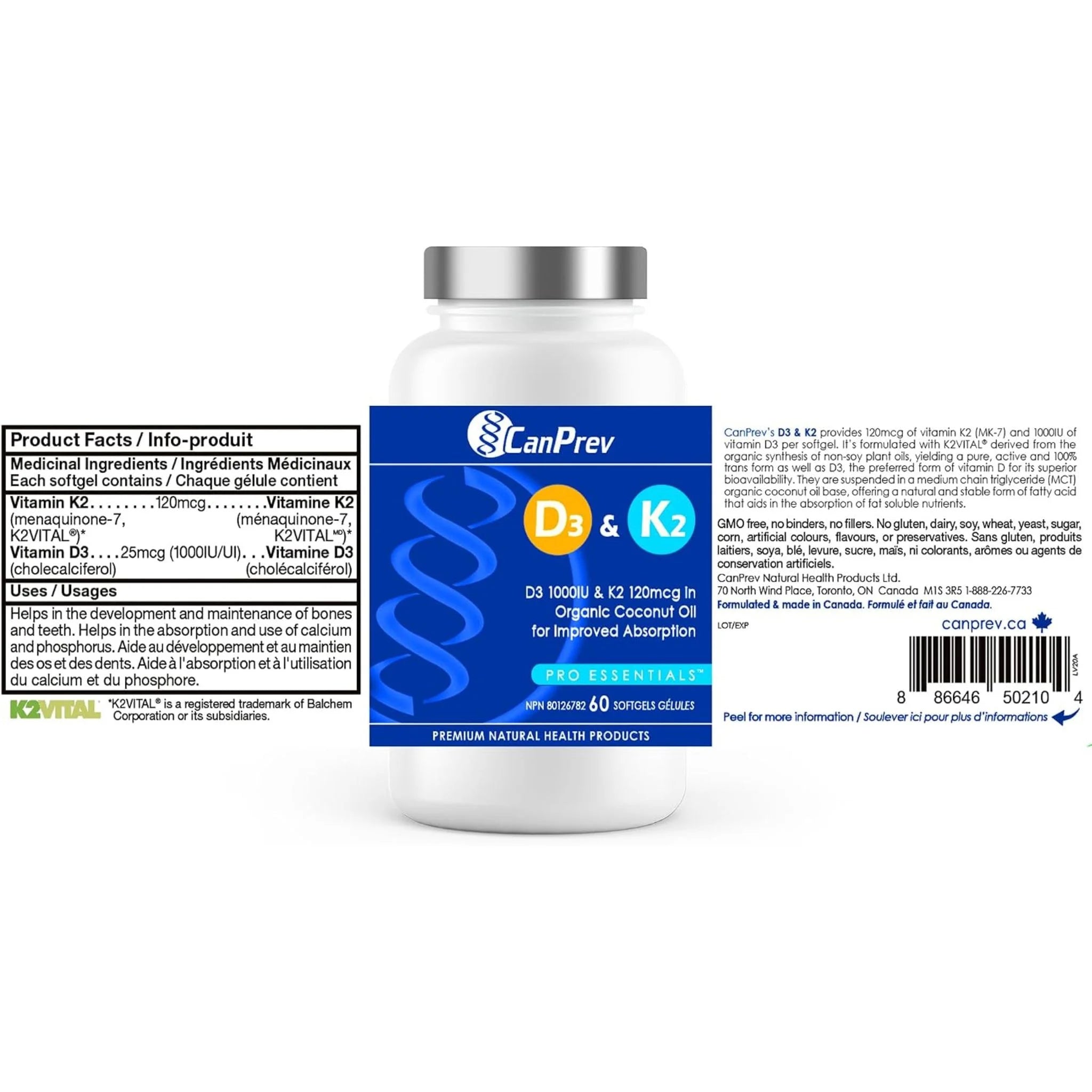 CanPrev Vitamin D3 & K2 60 Softgels - Nature's Source Inc