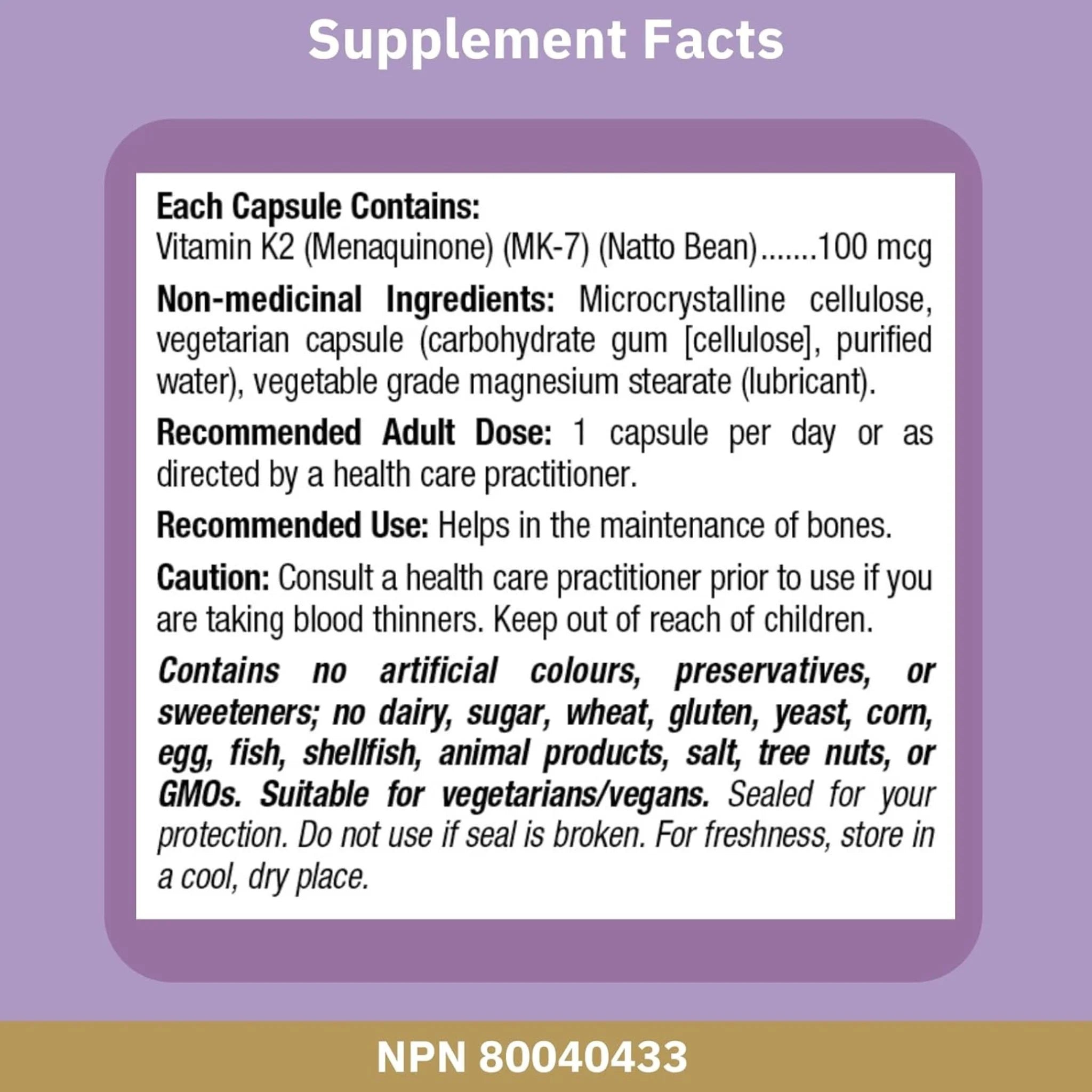 Bioclinic Naturals Vitamin K2, 100 mcg 90 Vegan Capsules - Nature's Source Inc