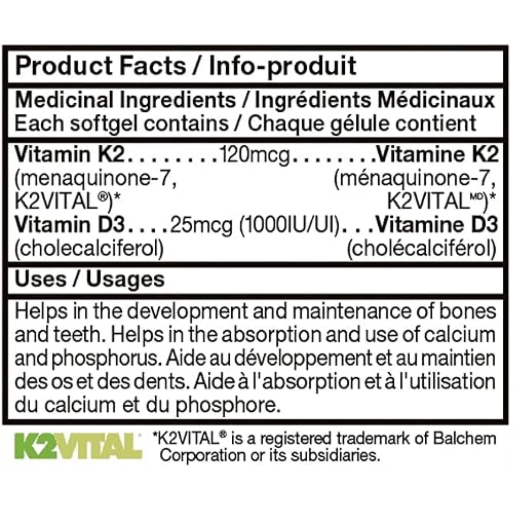 CanPrev Vitamin D3 & K2 60 Softgels - Nature's Source Inc
