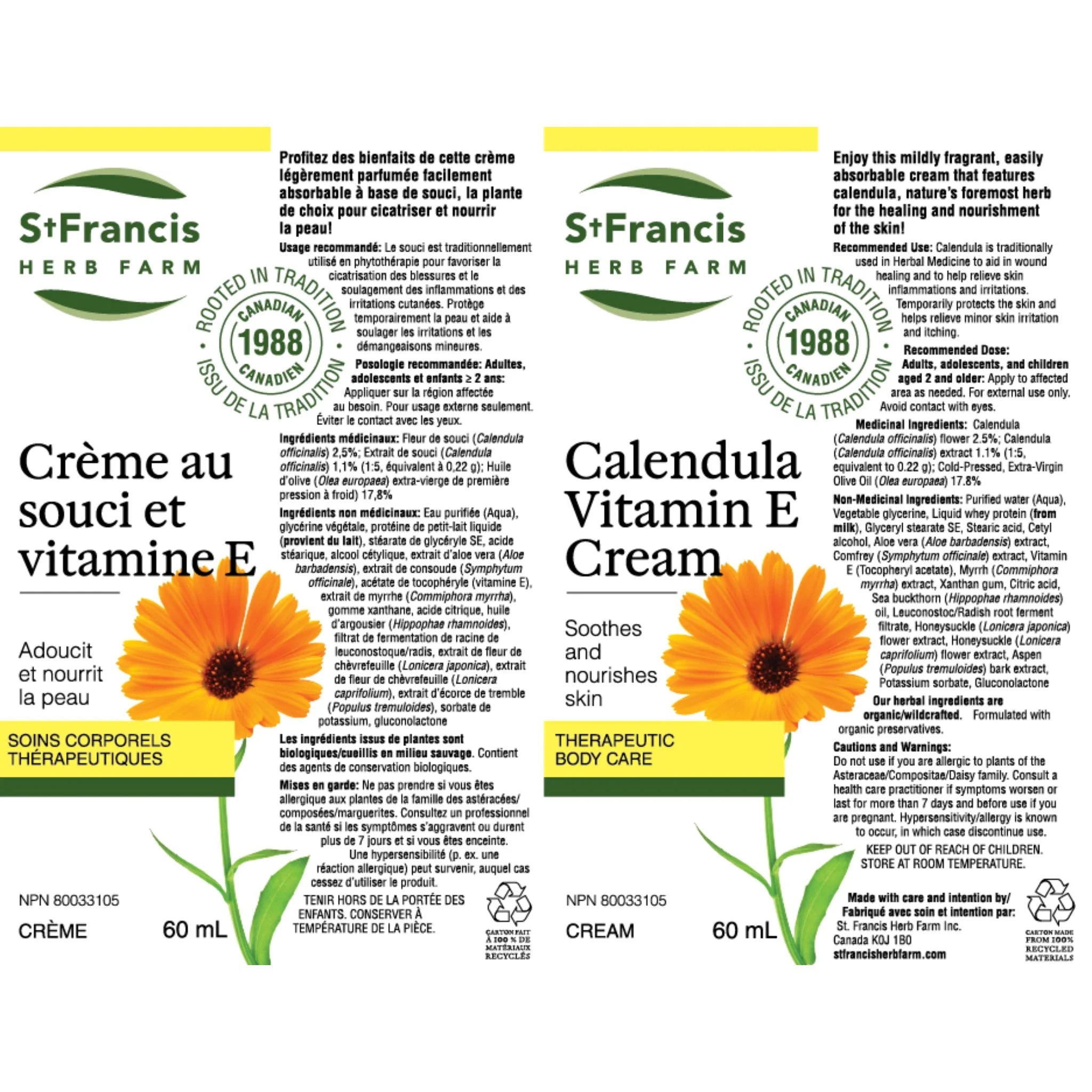 St. Francis Herb Farm Calendula Vitamin E Cream 60ml - Nature's Source Inc