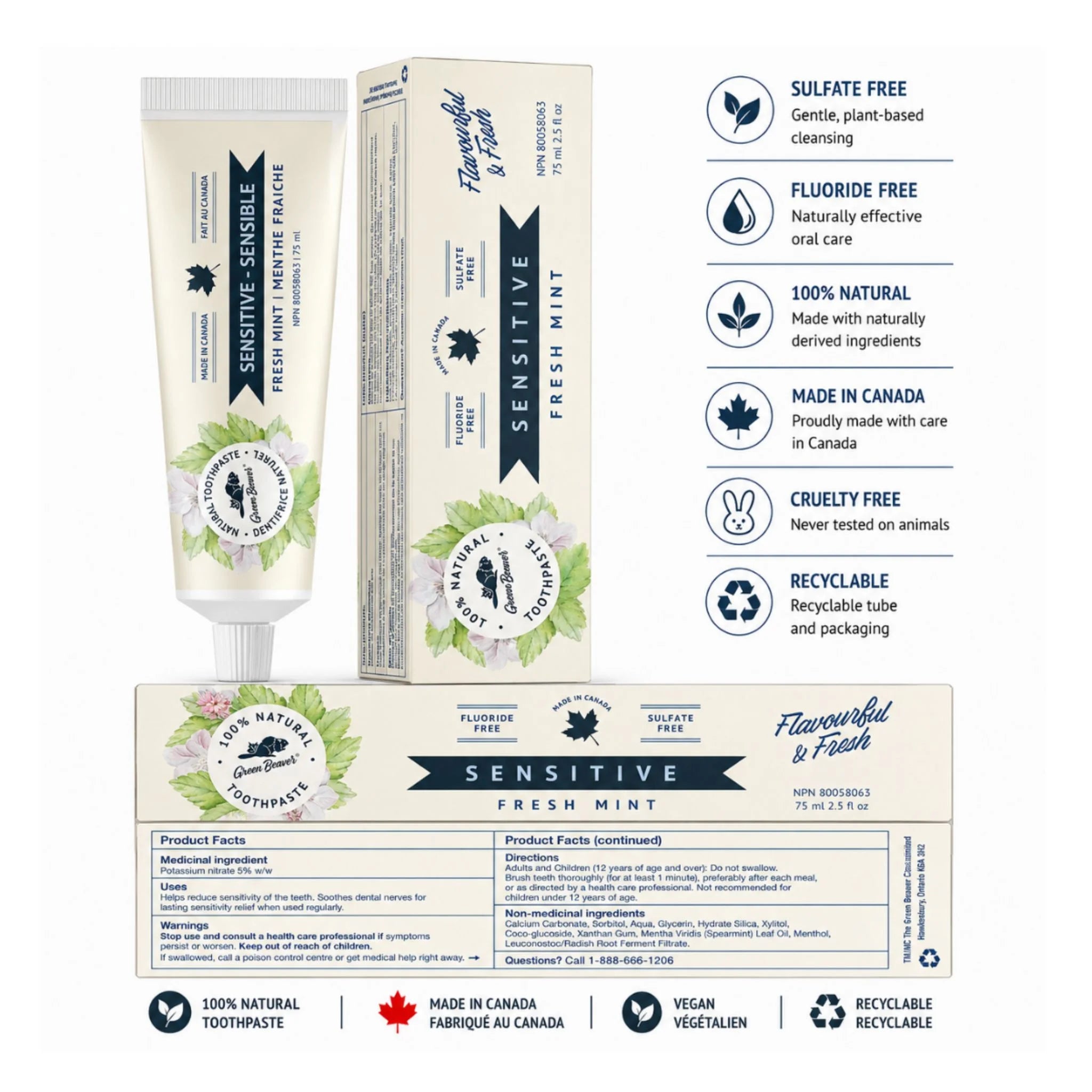 The Green Beaver Company Fresh Mint Sensitive Natural Toothpaste - 75ml