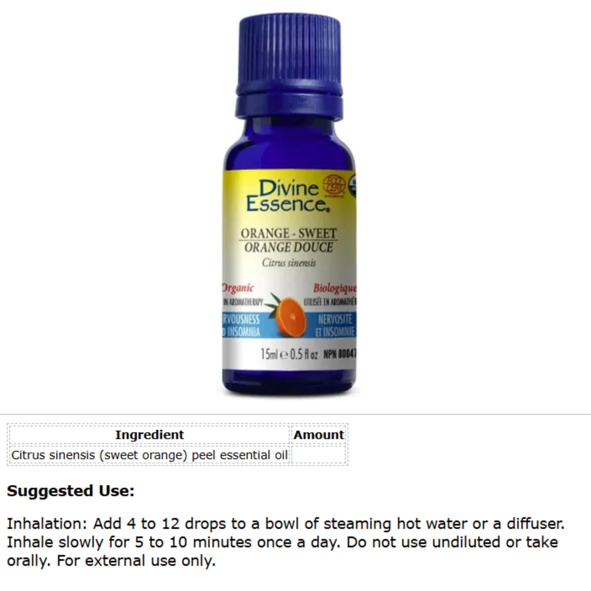 Divine Essence Organic Sweet Orange Essential Oil - 15ml