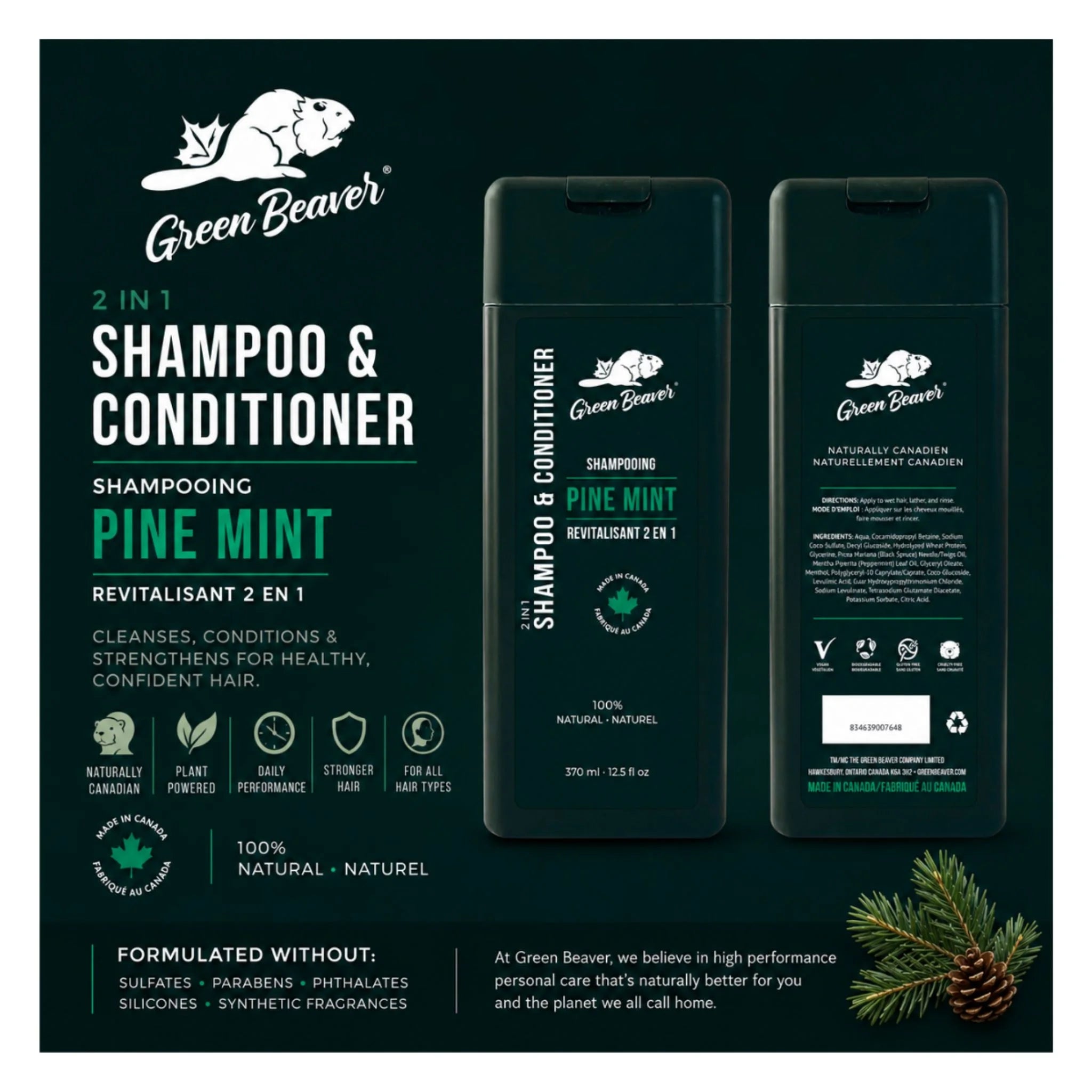 The Green Beaver Company Men 2-in-1 Shamp-Cond Pine Mint 370ml