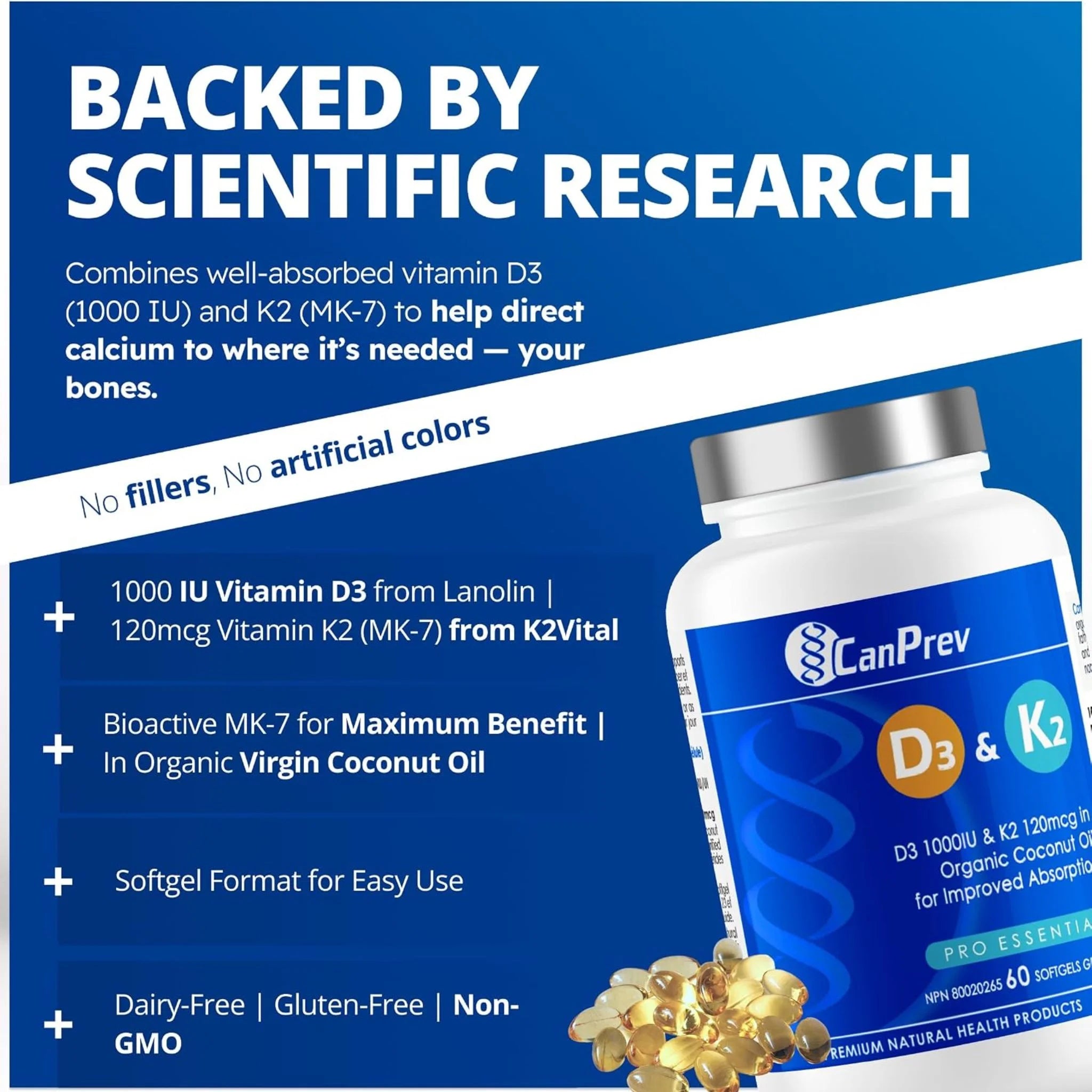 CanPrev Vitamin D3 & K2 60 Softgels - Nature's Source Inc