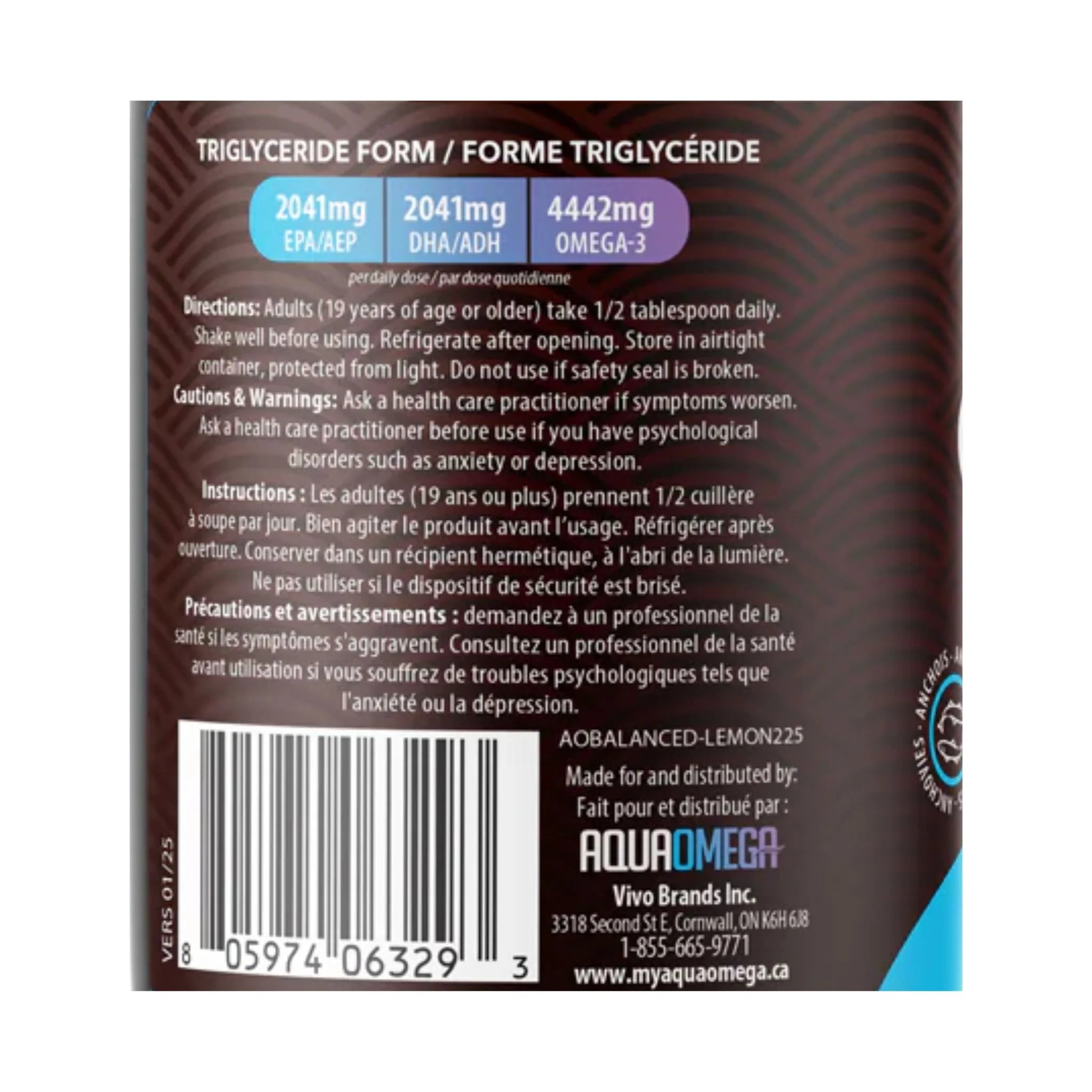 AquaOmega Balanced Omega-3 Lemon 225ml - Nature's Source Inc