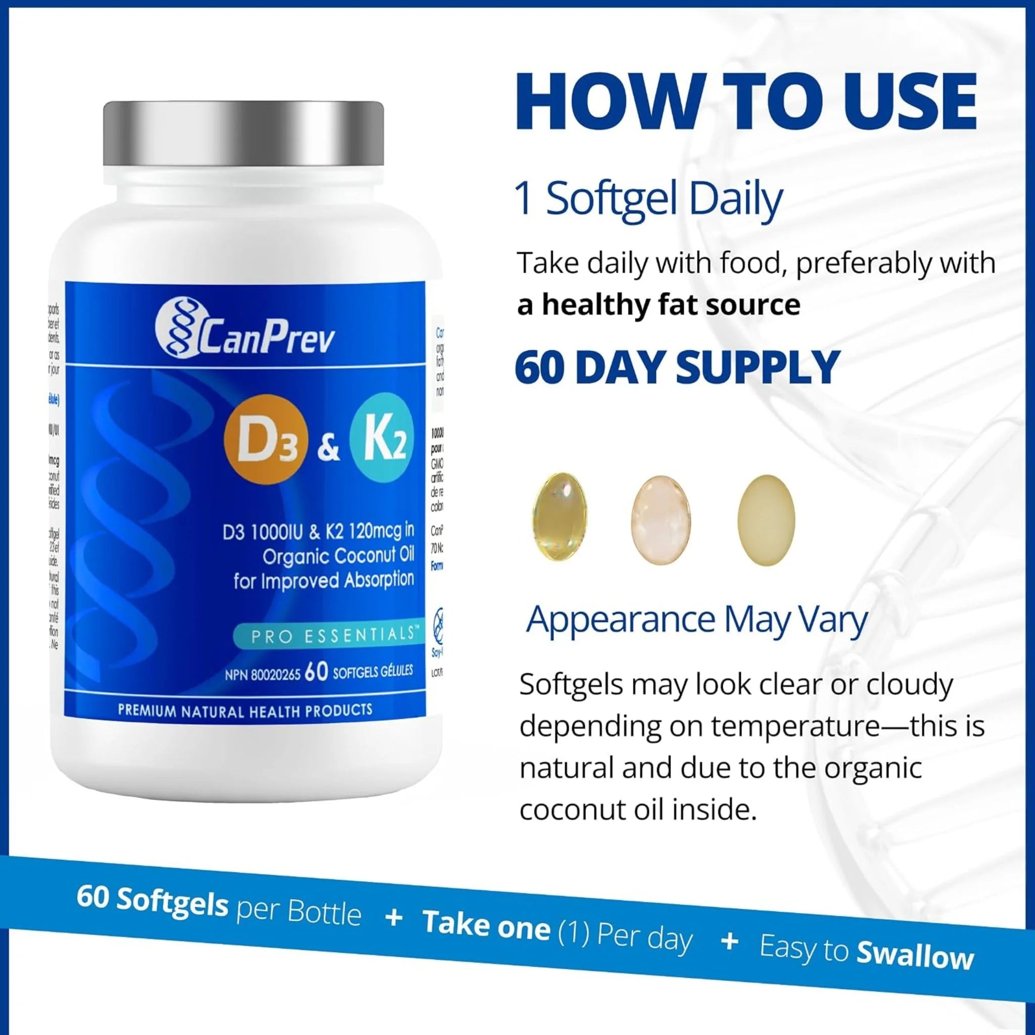 CanPrev Vitamin D3 & K2 60 Softgels - Nature's Source Inc
