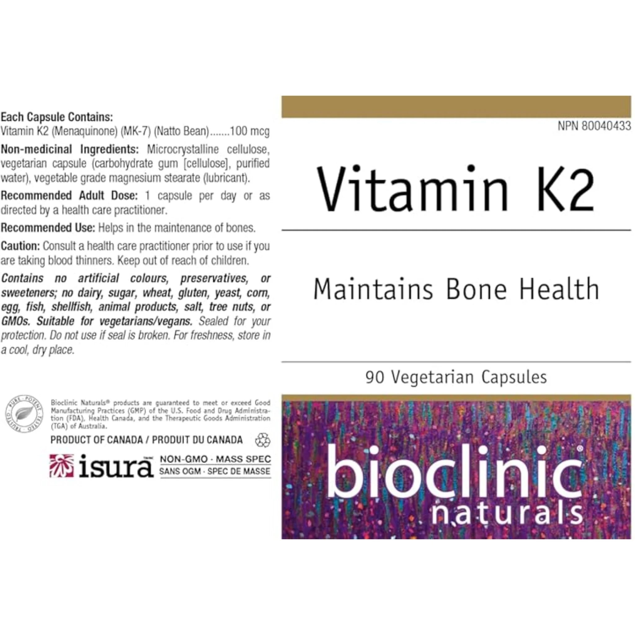 Bioclinic Naturals Vitamin K2, 100 mcg 90 Vegan Capsules - Nature's Source Inc