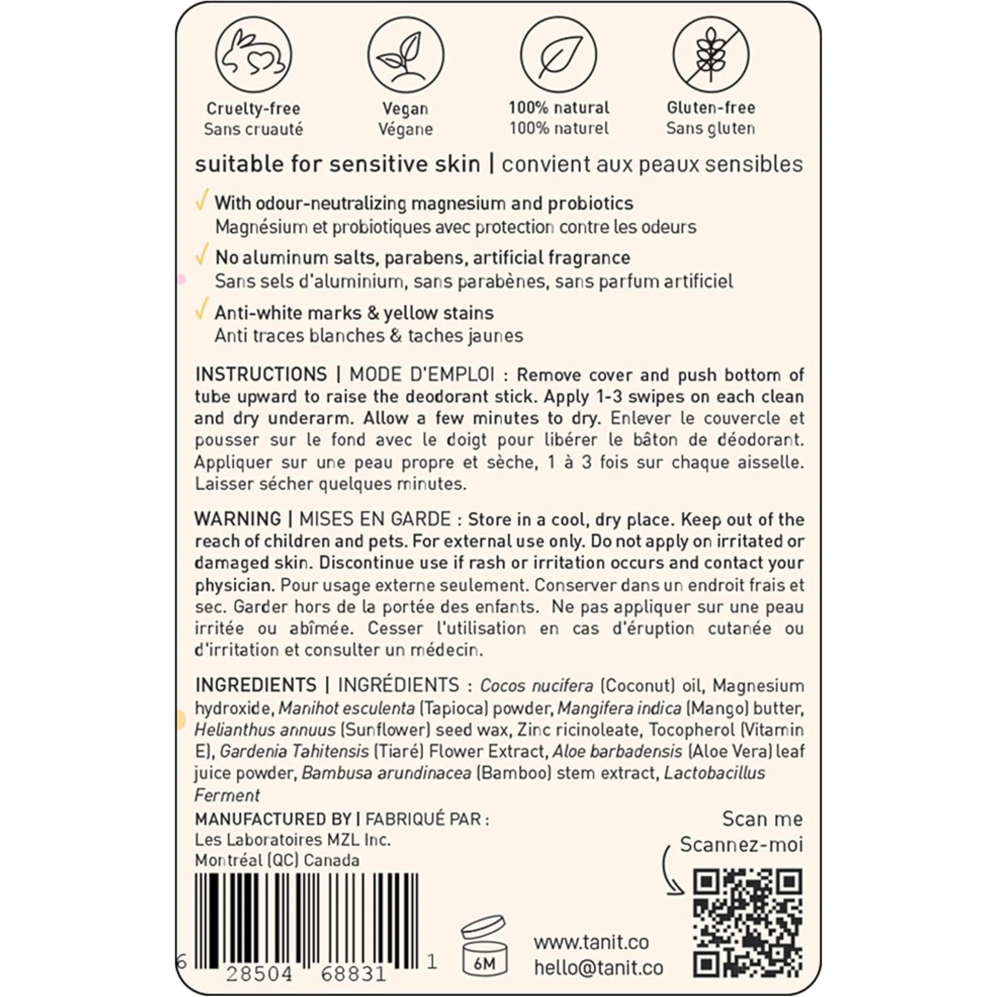 Tanit Natural Solid Deodorant Monoi 60g - Nature's Source Inc