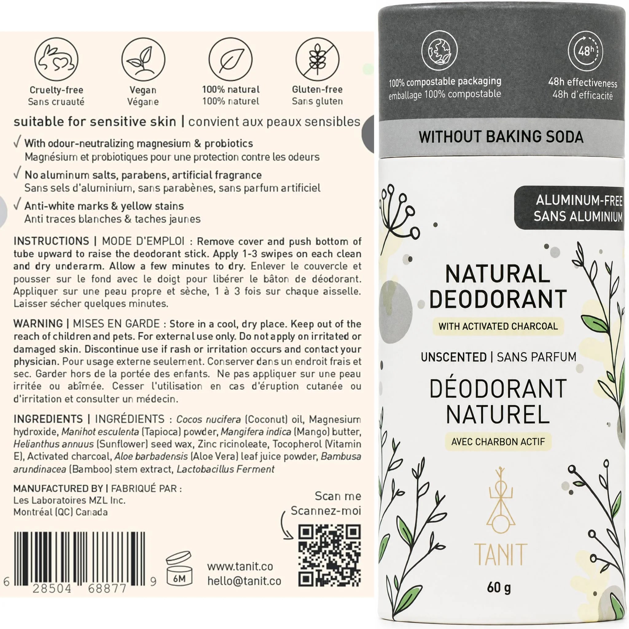 Tanit Natural Solid Deodorant Charcoal Unscented 60g