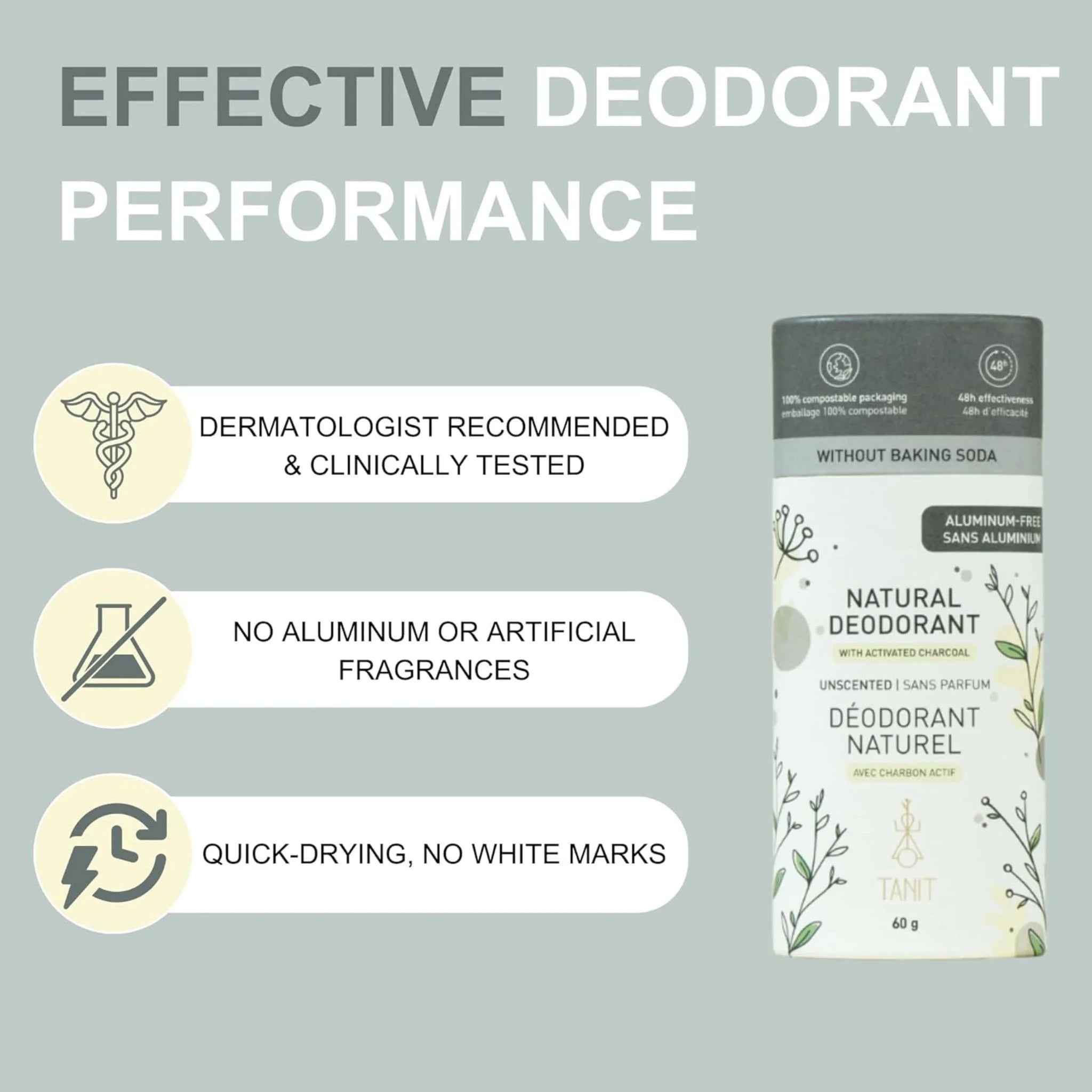 Tanit Natural Solid Deodorant Charcoal Unscented 60g