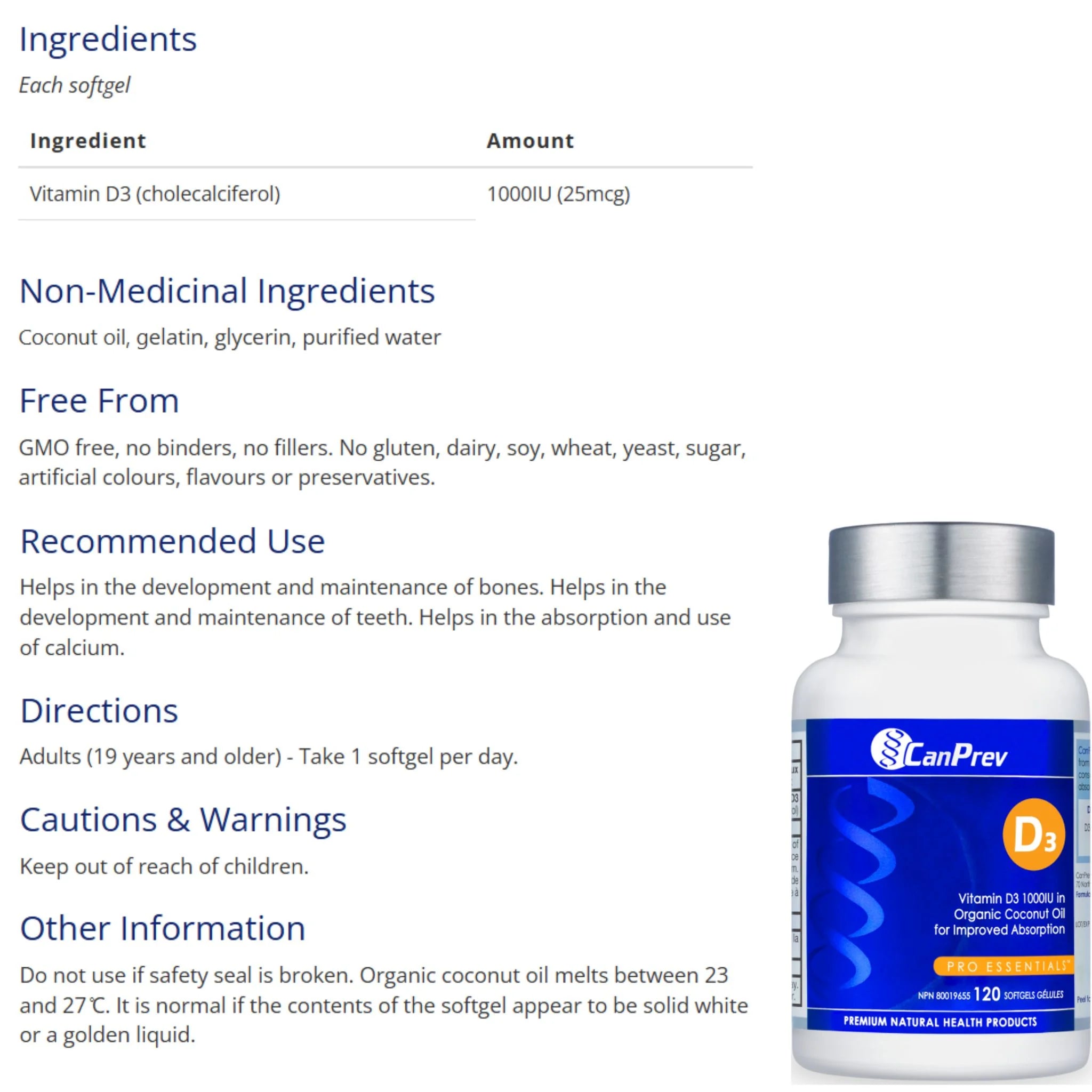CanPrev D3 Organic Coconut Oil 1000 IU, 120 Softgels