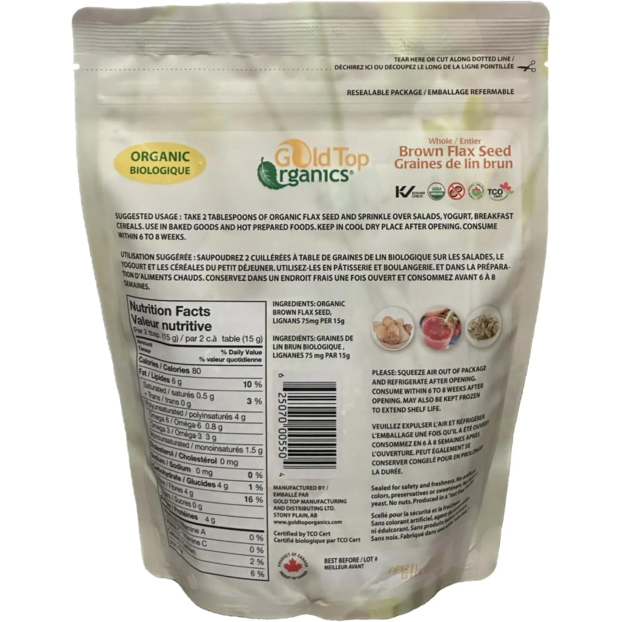 Gold Top Organics Whole Brown Flax Seed - 454g