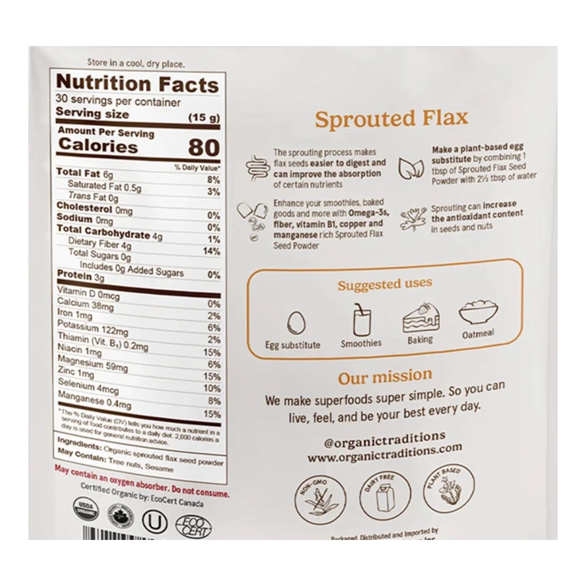 Organic Traditions Sprouted Flax Seed Powder - 454g