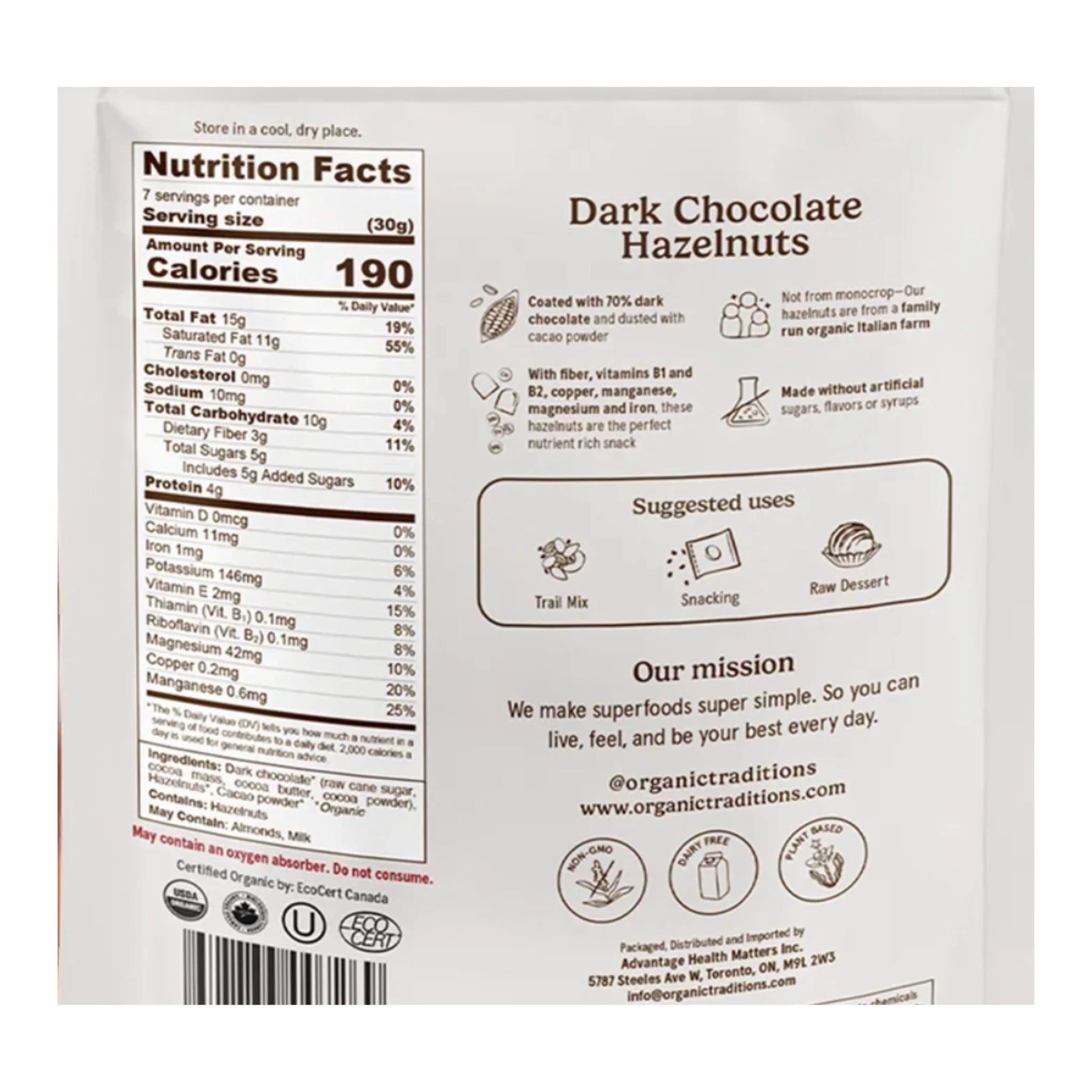 Organic Traditions Dark Chocolate Hazelnuts - 227g - Nature's Source Inc