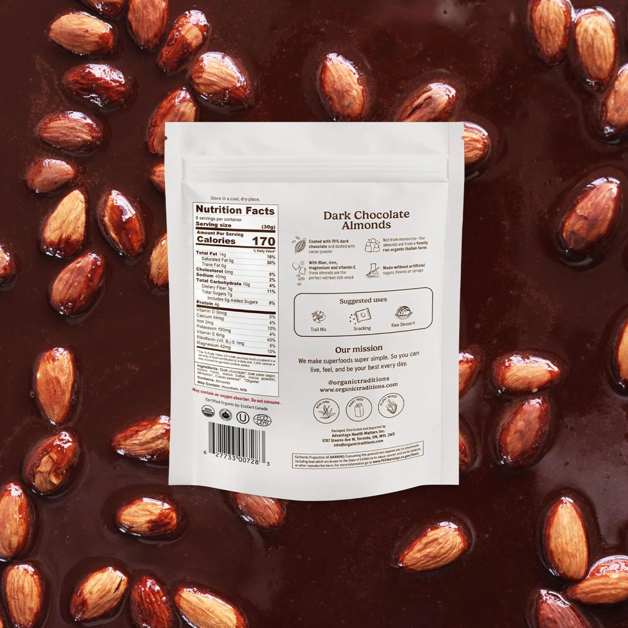 Organic Traditions Dark Chocolate Almonds - 227g - Nature's Source Inc