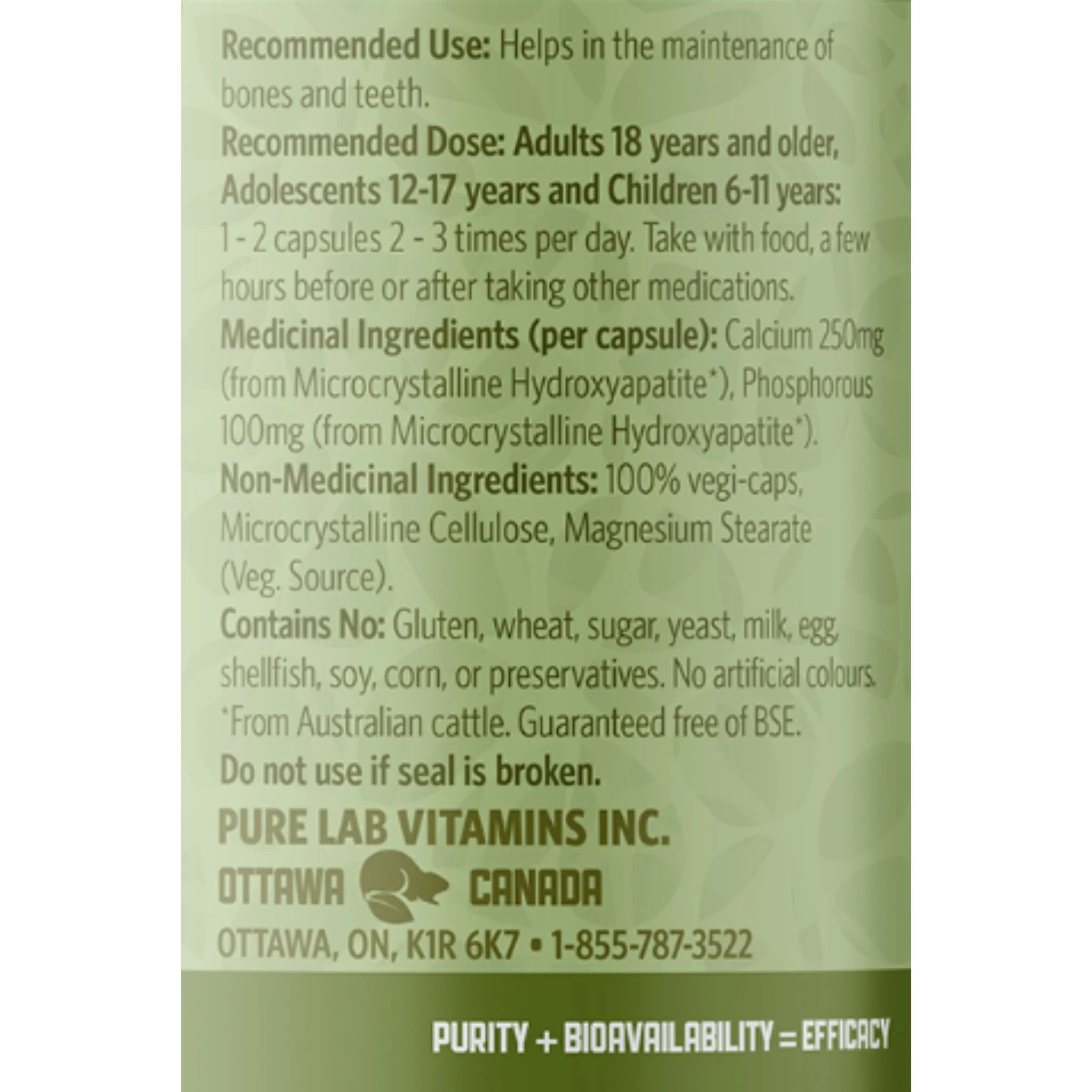 Pure Lab Vitamins Calcium Hydroxyapatite 250mg 120 Vegan Capsules - Nature's Source Inc