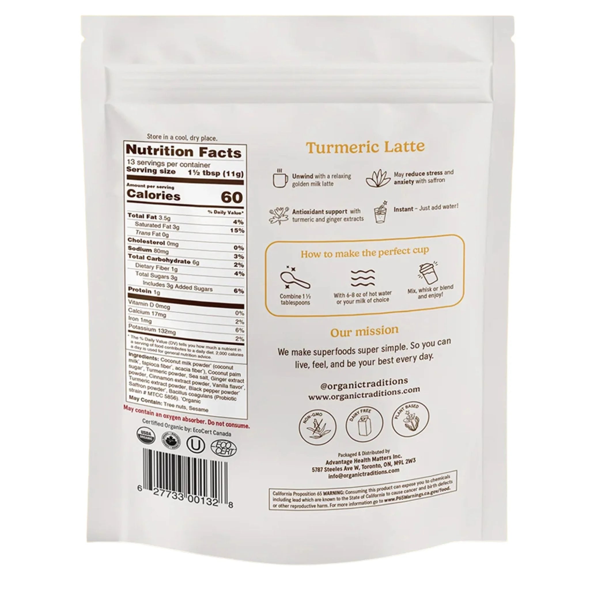 Organic Traditions Turmeric Latte with Saffron and Probiotics - 150g