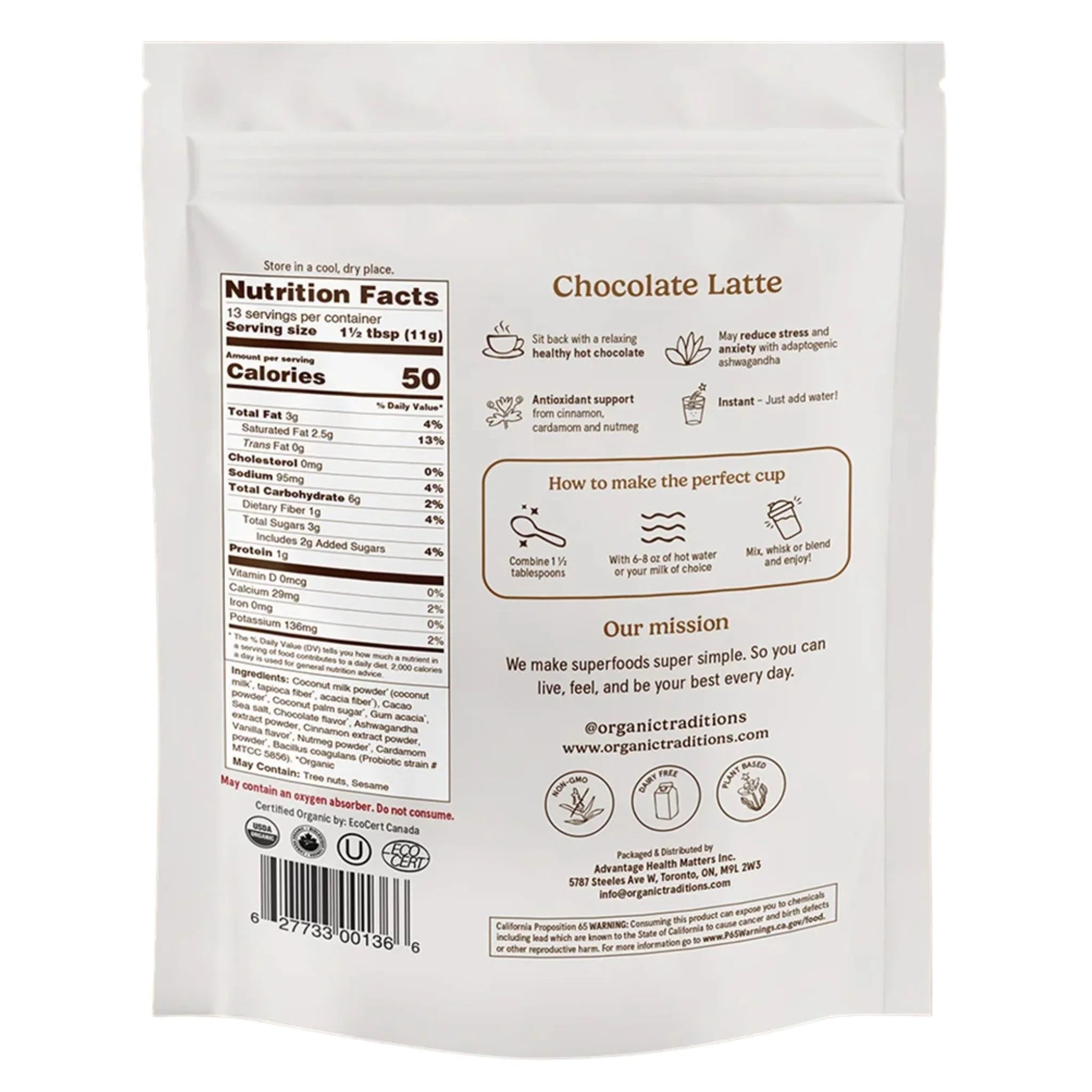 Organic Traditions Chocolate Latte with Ashwagandha and Probiotics - 150g