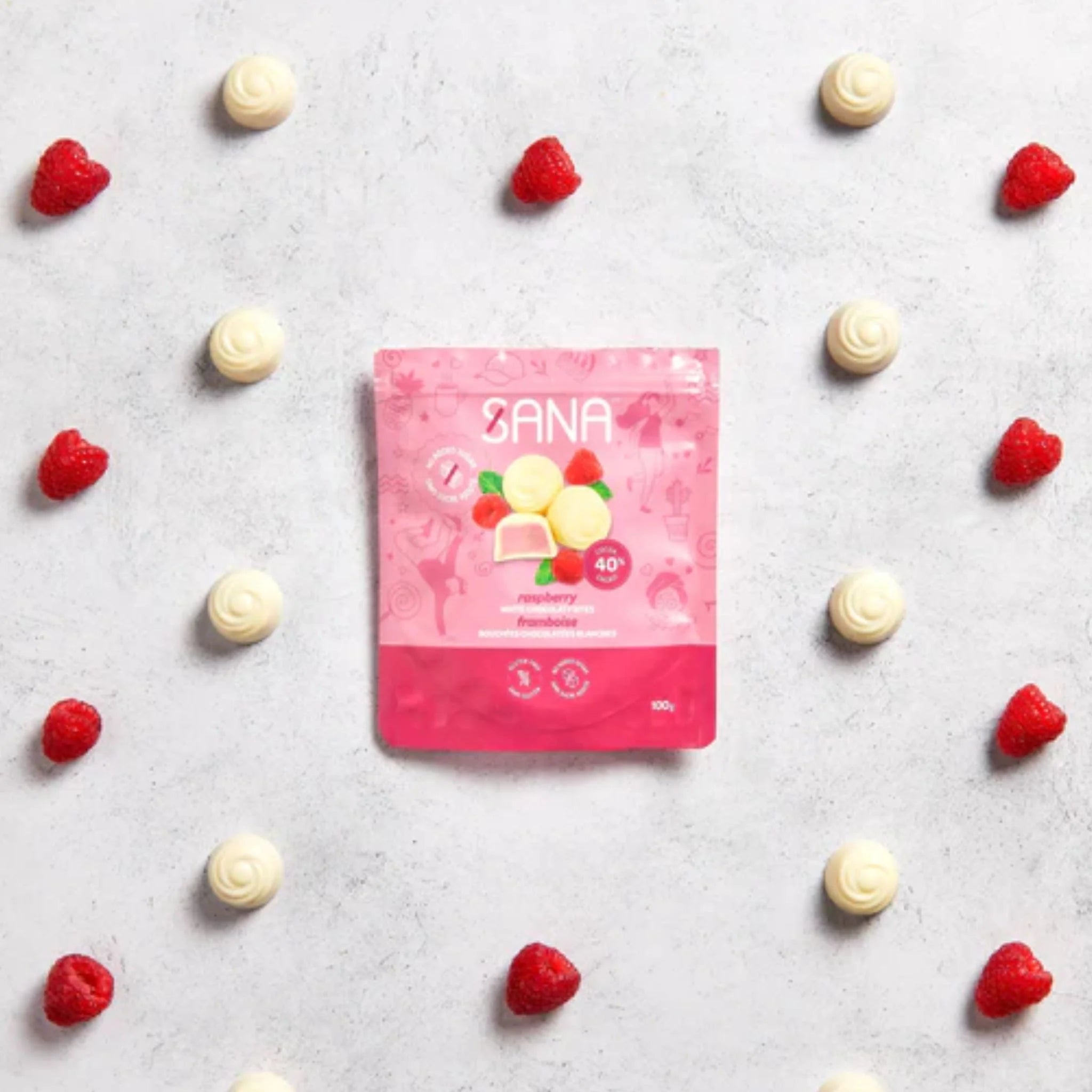 Sana White Chocolaty Bites Raspberry 100g