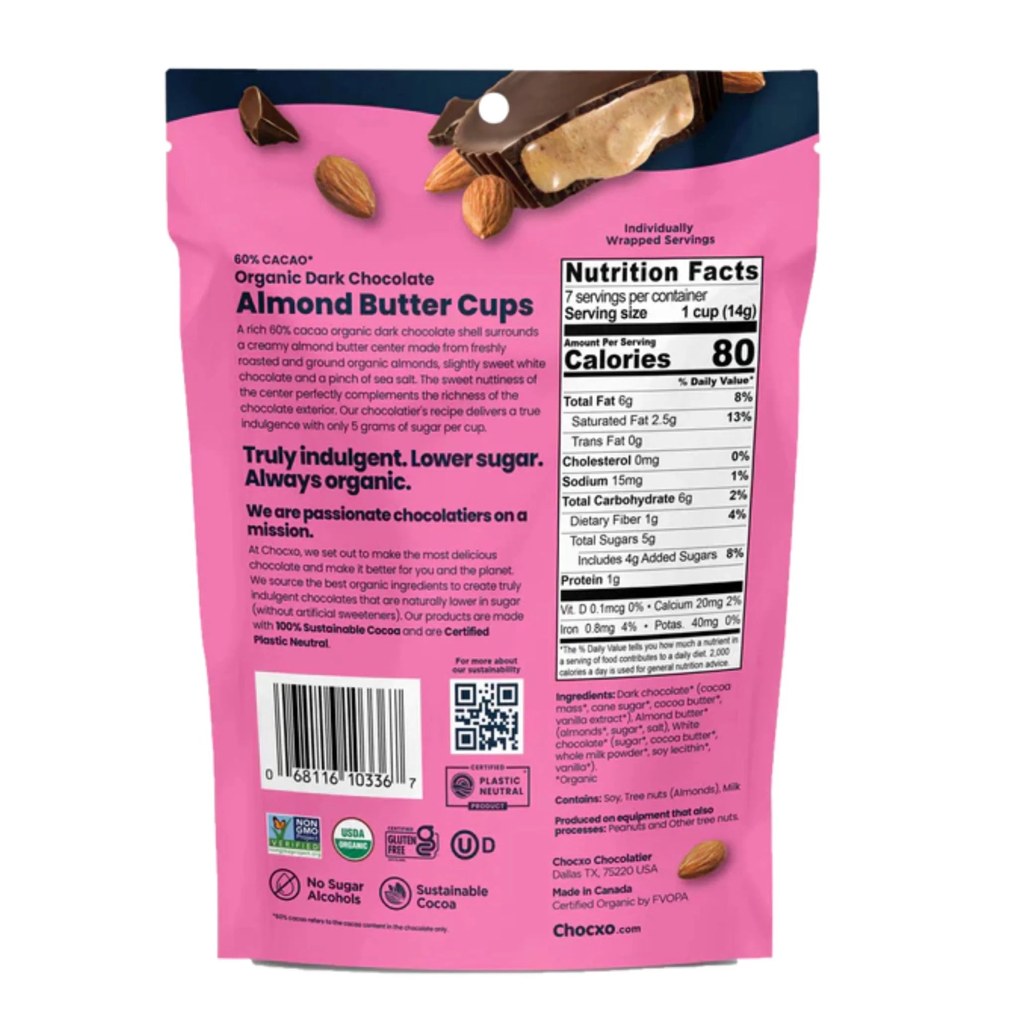 Chocxo Organic Dark Chocolate Almond Butter Cups 98g