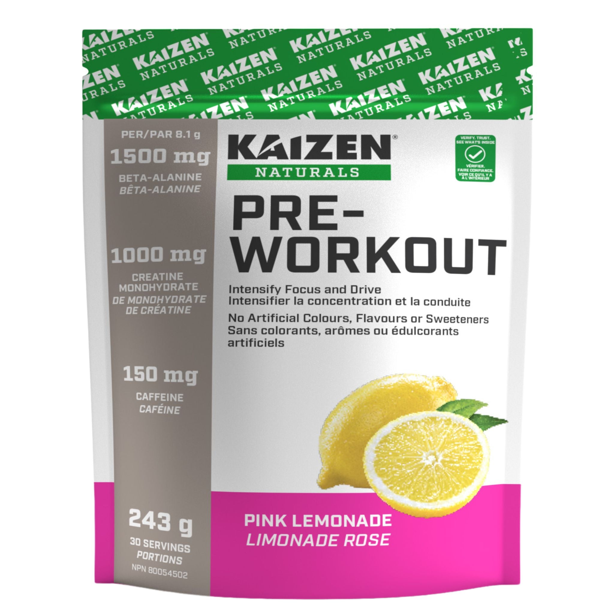 Kaizen Naturals Pre - Workout Pink Lemonade 243g - Nature's Source Inc