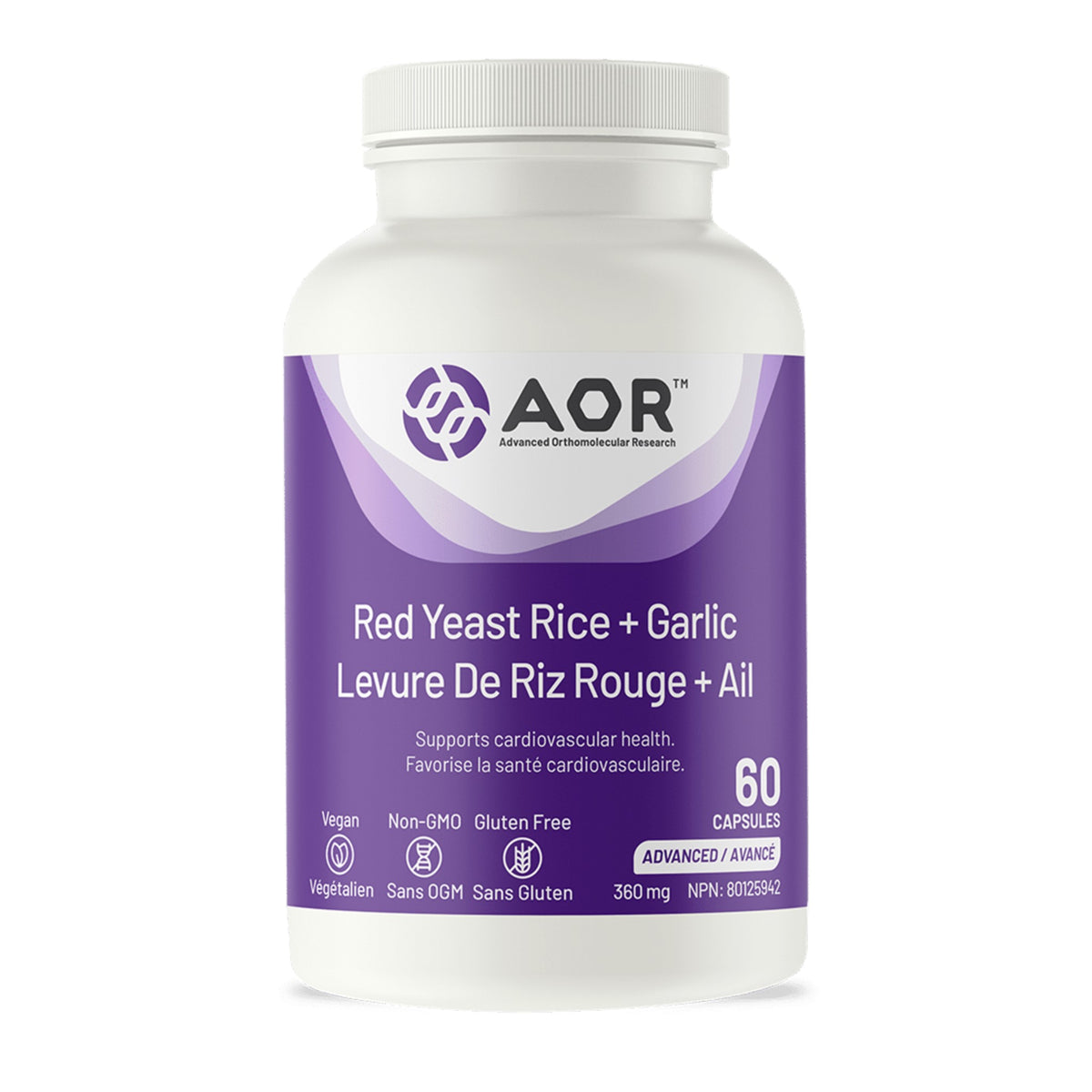 AOR Red Yeast Rice + Garlic 60 Capsules - Supports Cardiovascular Health, Helps Reduce Elevated Blood Lipid Levels, Toxin-Free Formulation