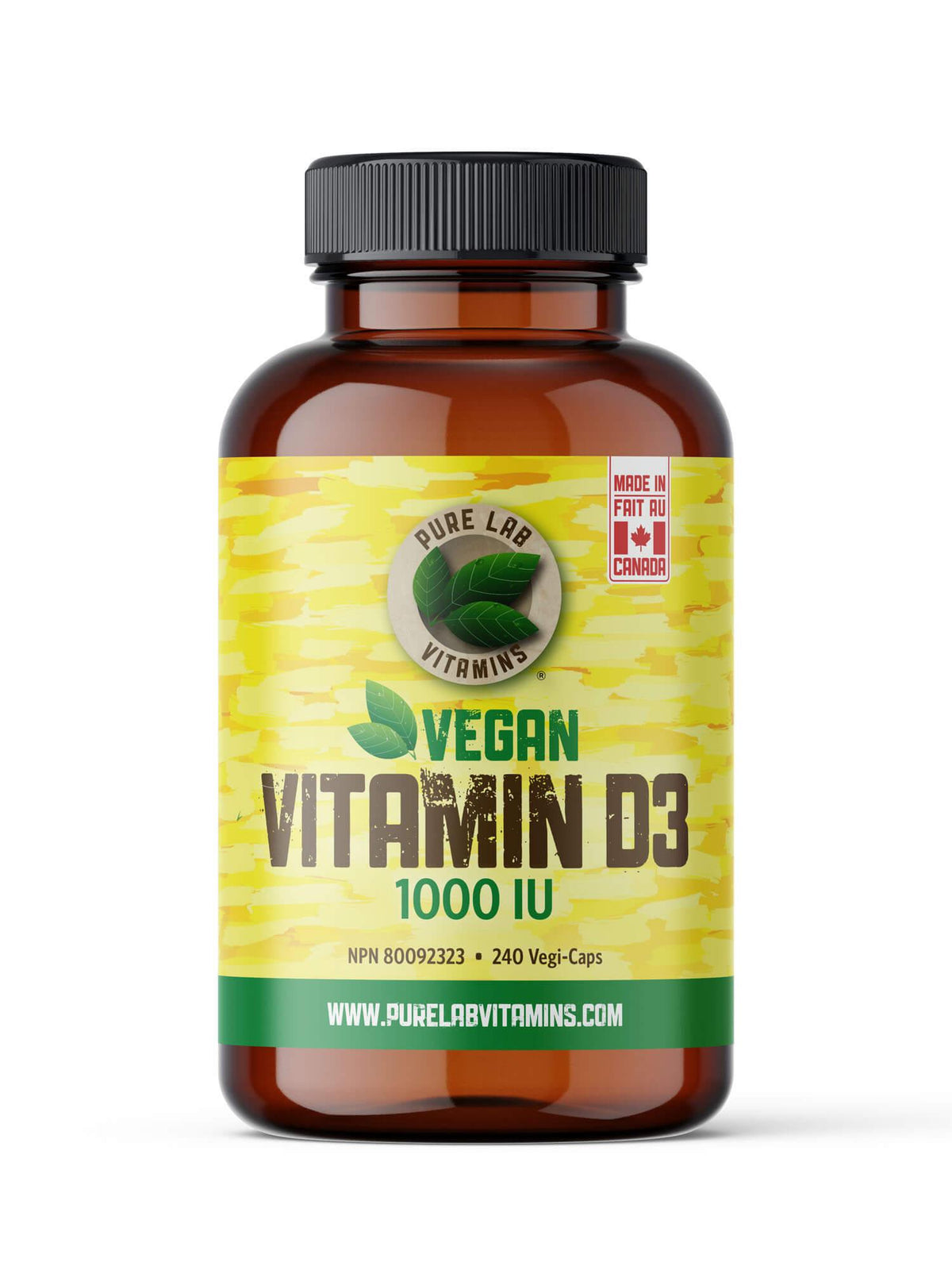 Pure Lab Vegan Vitamin D3 1000IU, 240 Vegan Caps - Mood Booster, Maintenance of Bones and Teeth Health, Immune System Support