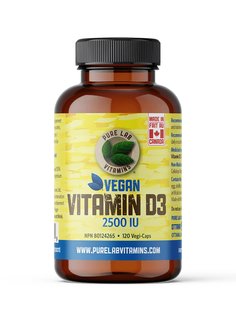 Pure Lab Vegan Vitamin D3 2500IU, 120 Vegan Caps - Mood Booster, Maintenance of Bones and Teeth Health, Immune System Support