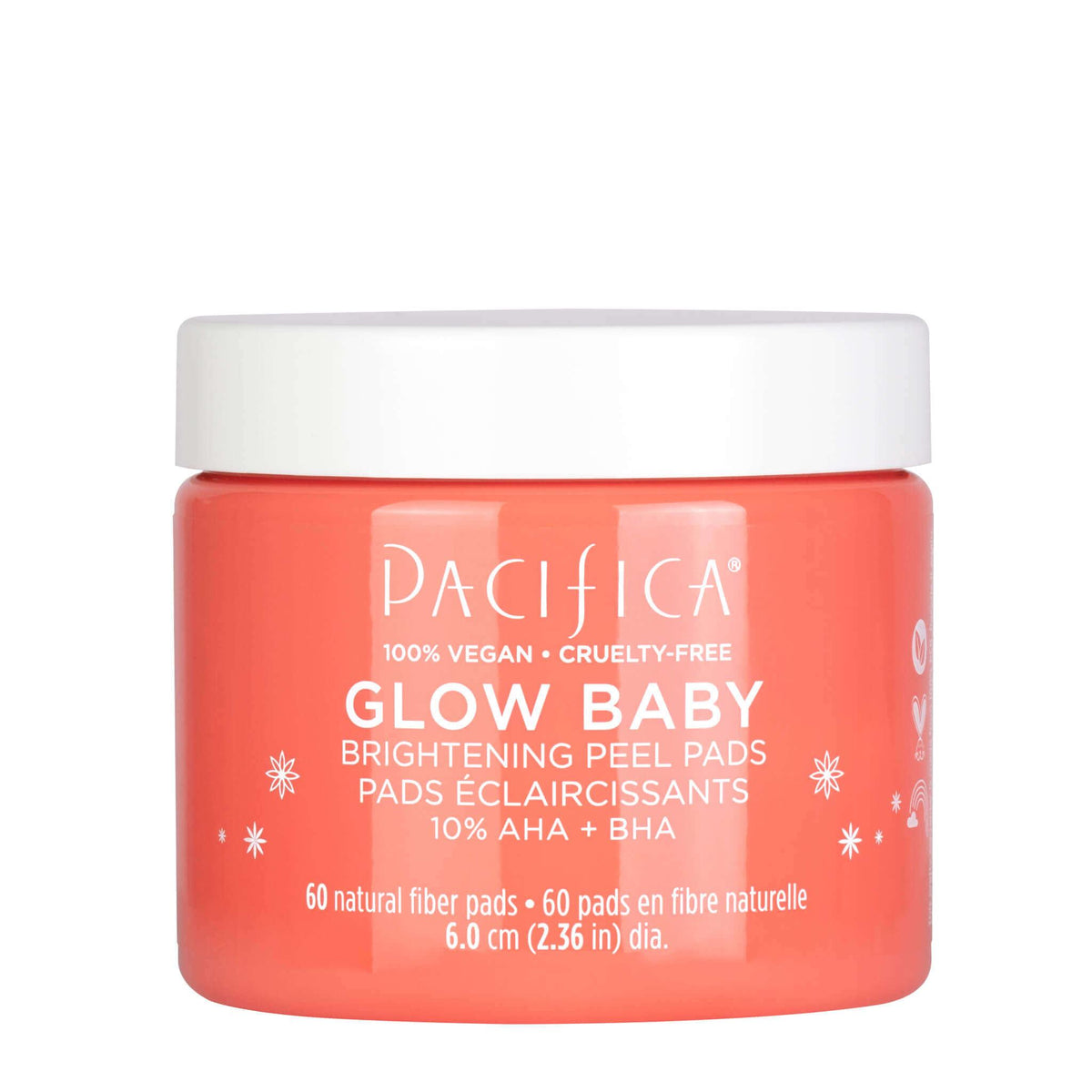 Pacifica Glow Baby Brightening Peel Pads 60 Count - Fast-acting Multi-acid Complex Retexturizes & Brightens Skin, Deep Cleans + Tightens Pores, Moisturizer & Helps Soothe