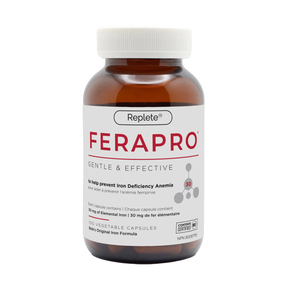 Replete Ferapro 30 Low - Dose Iron 100 Vegetable Capsules - Nature's Source Inc