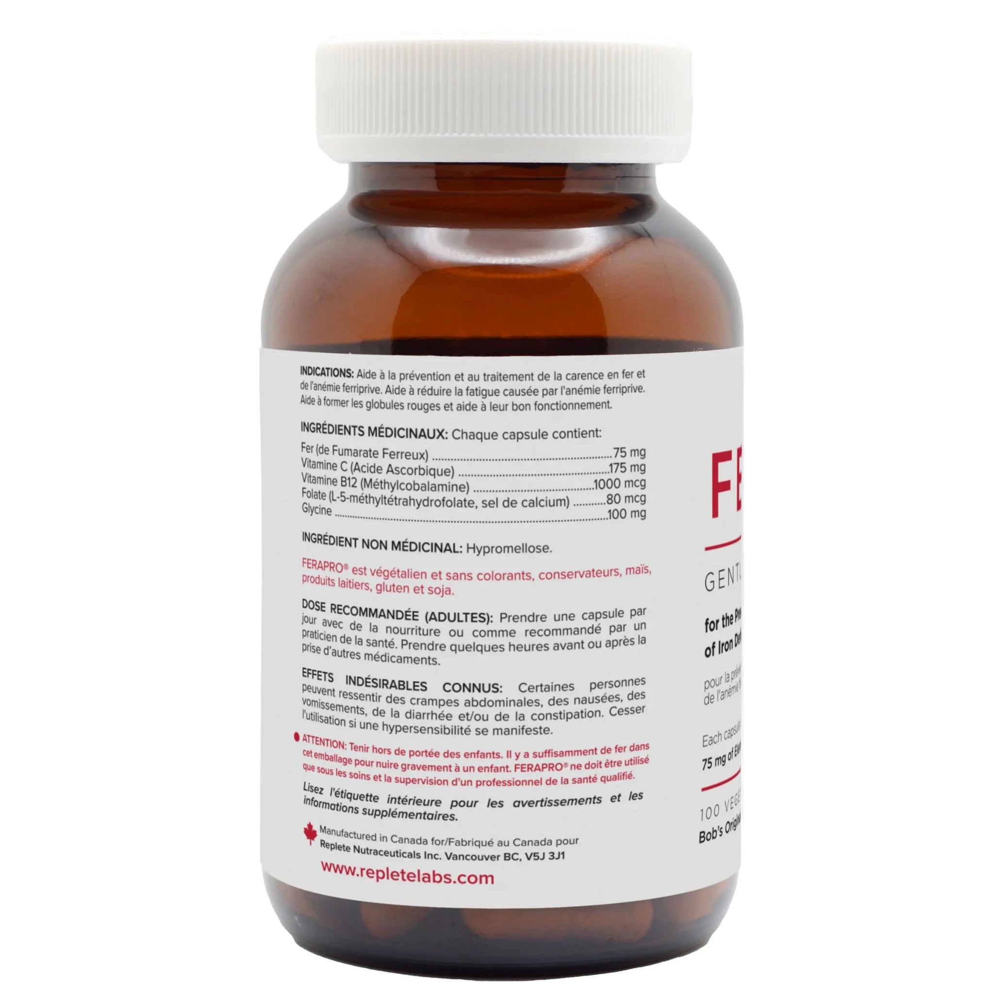 Replete Ferapro 75 Medium - Dose Iron 100 Vegetable Capsules - Nature's Source Inc