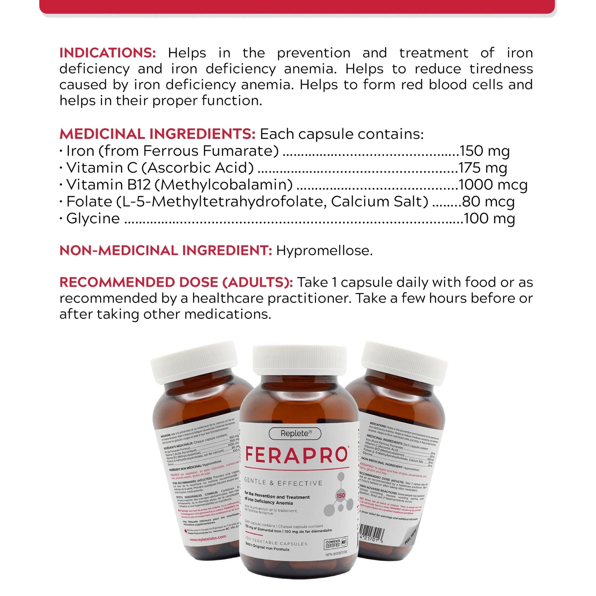 Replete Ferapro 150 High - Dose Iron 100 Vegetable Capsules - Nature's Source Inc