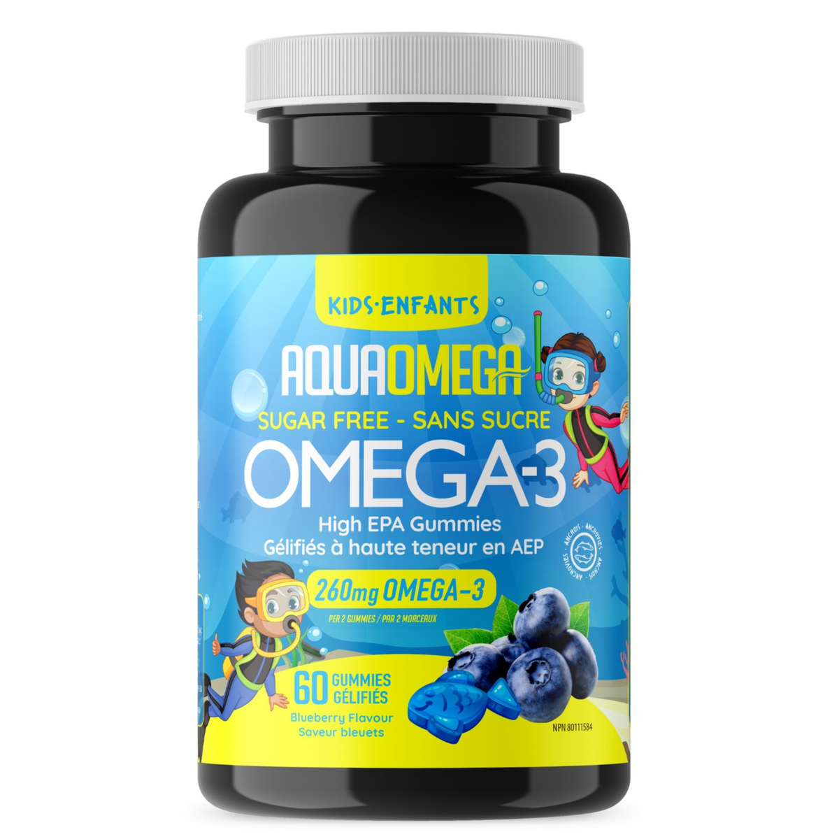 AquaOmega Kids Omega-3 High EPA Blueberry 60 Gummies - Promote Growth and Development in Children, Support Brain Function, Helps Lower Inflammation, Promotes Overall Health