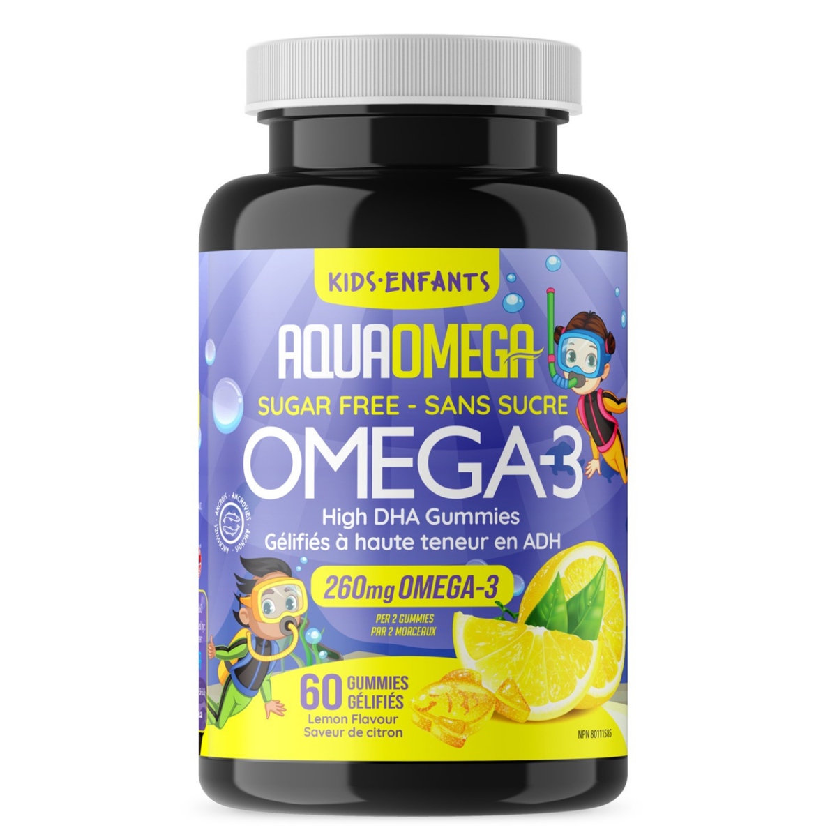 AquaOmega Kids Omega-3 High DHA Lemon 60 Gummies - Provide High DHA Support, A Rich Source of Omega-3 Fatty Acids, Promote Growth and Development in Children