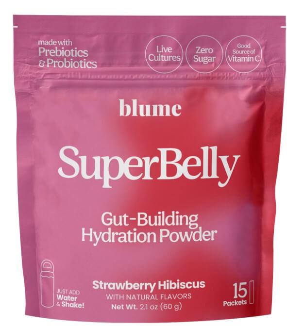 Blume SuperBelly Strawberry Hibiscus 60g - Gut Building Hydration Powder With Natural Flavors, Just Add Water and Shake!