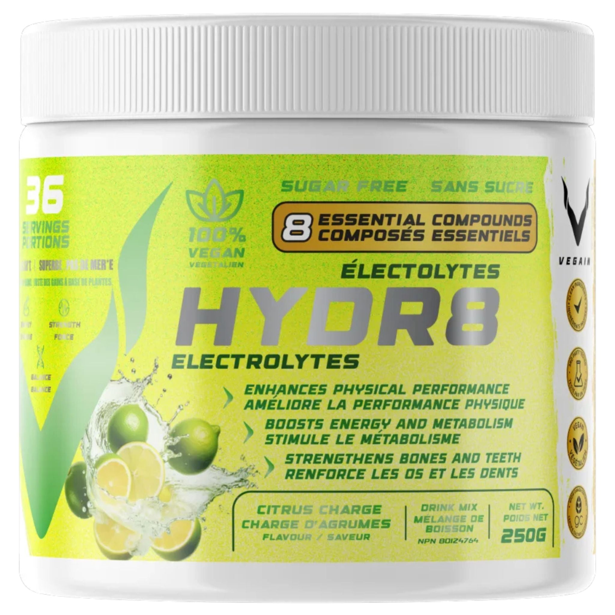 VEGAIN HYDR8 Electrolytes Citrus Charge 250g - Nature's Source Inc