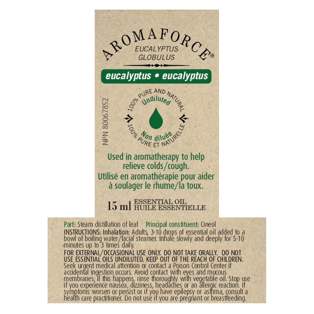 Additional Image of product label with text Aromaforce Eucalyptus Essential Oil 15ml