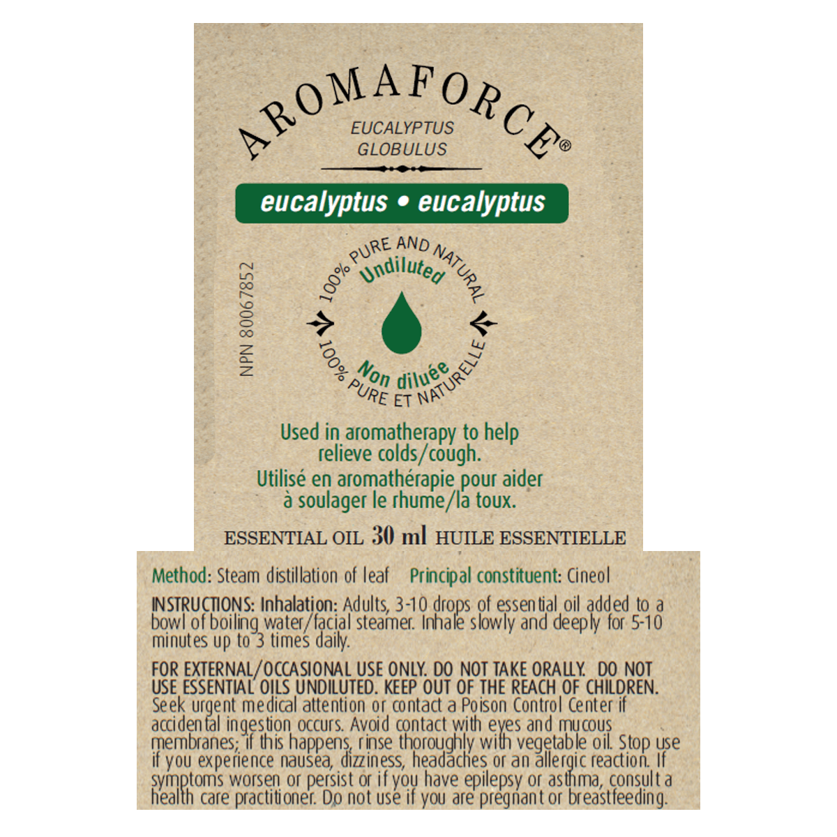 Additional Image of product label with text Aromaforce Eucalyptus Essential Oil 30ml