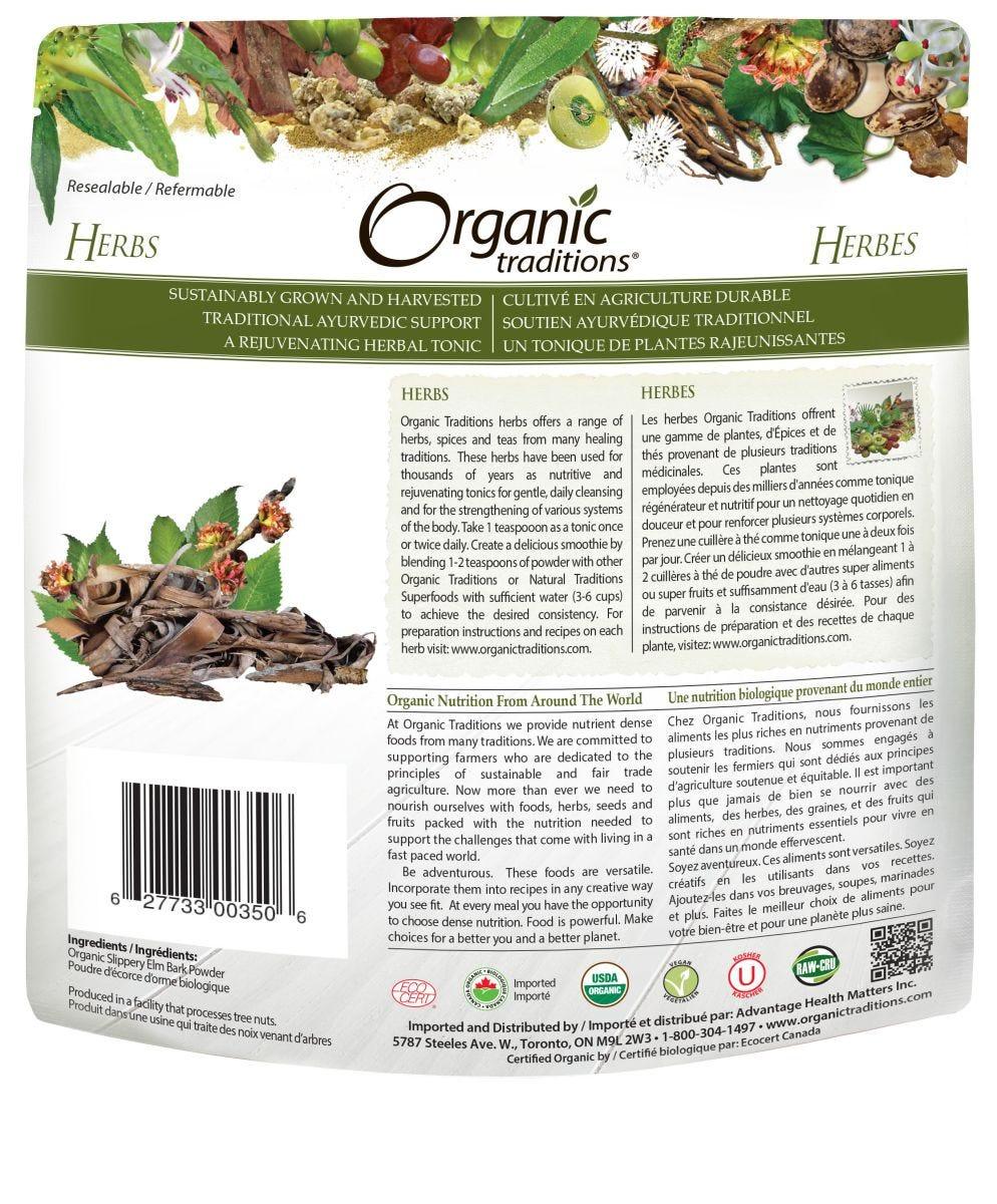 Additional Image of product label with text Organic Traditions Slippery Elm Bark Powder 200g